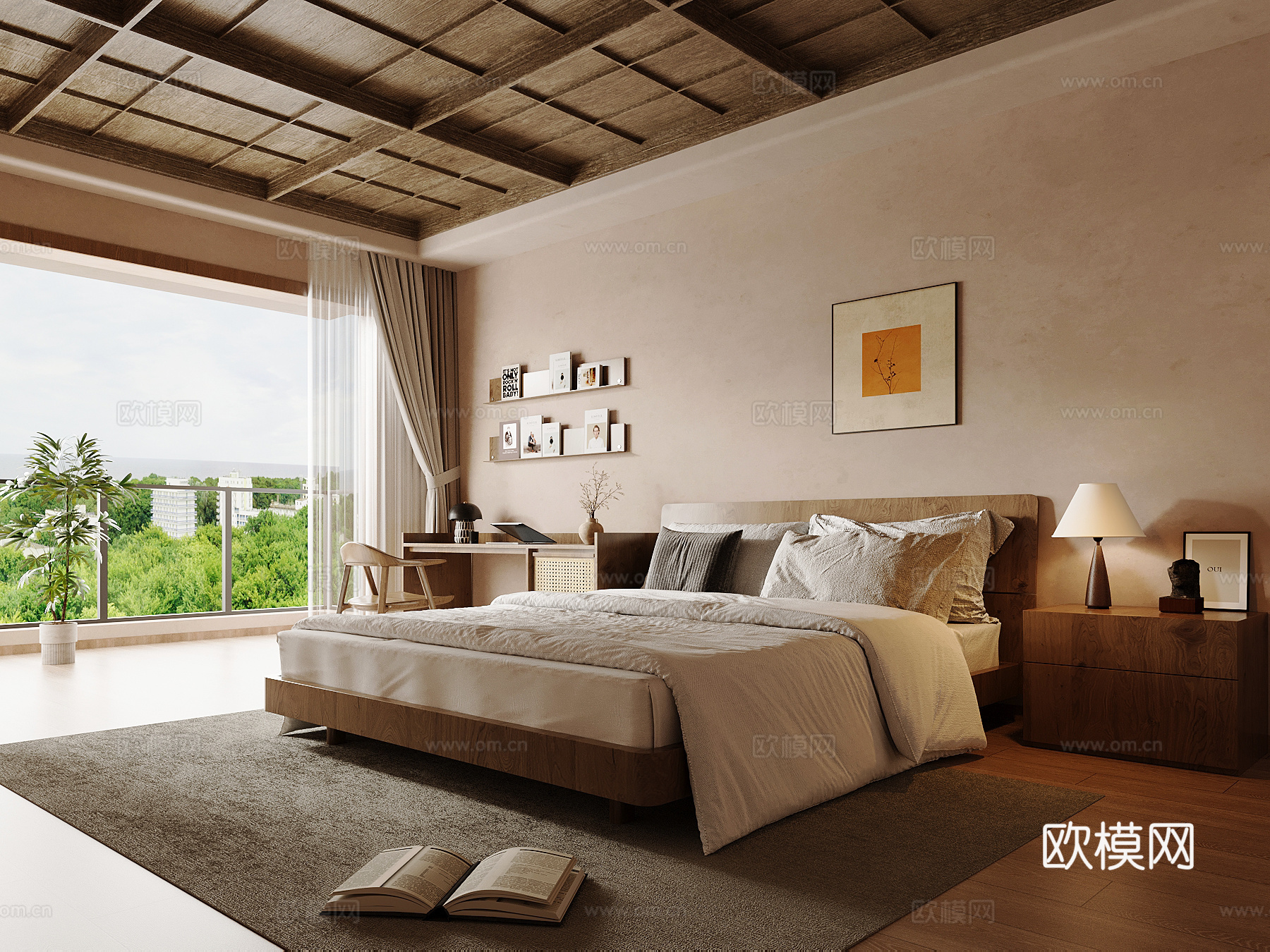 中古风家居卧室 双人床 书桌椅 床头柜su模型