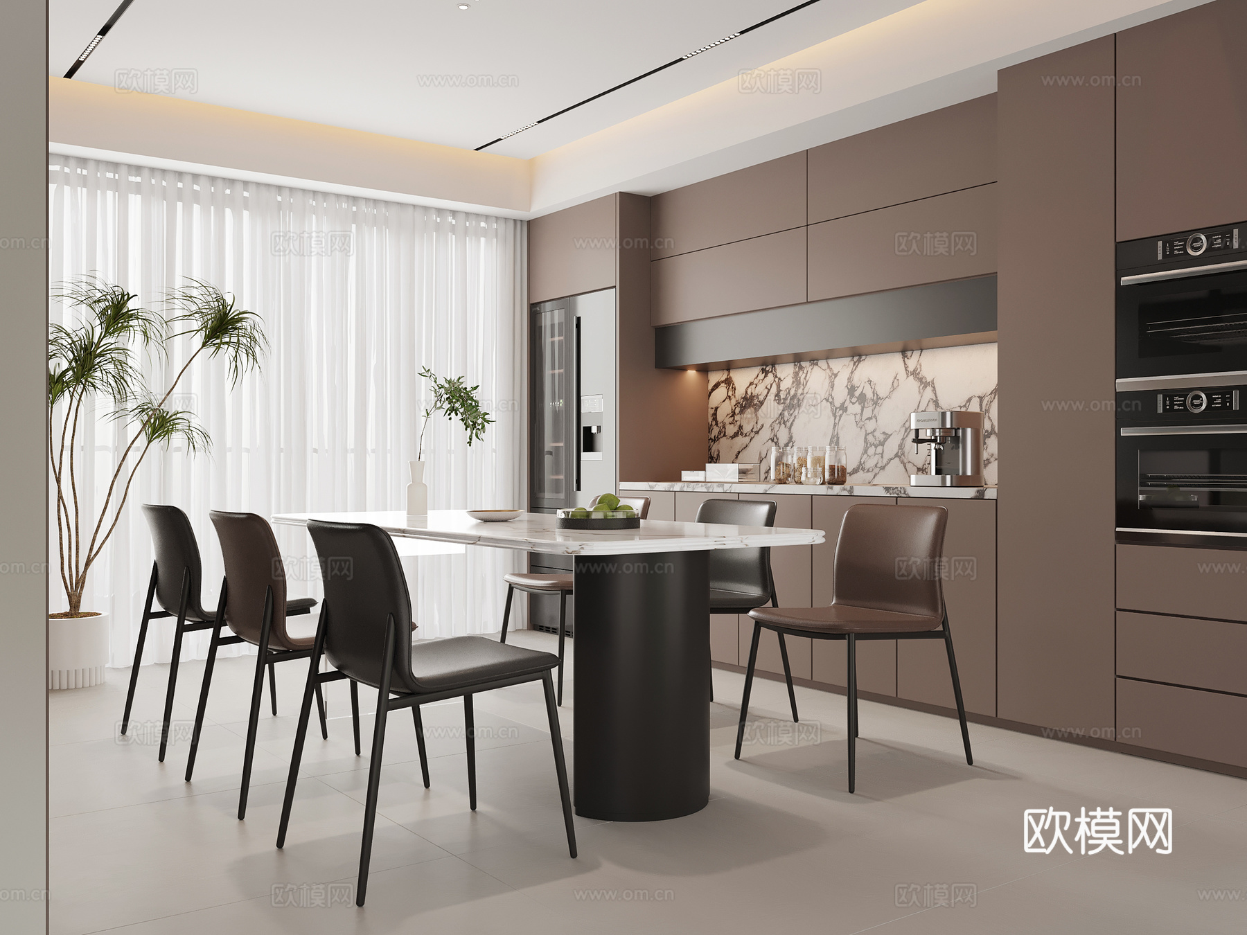 现代意式餐厅 餐桌椅 餐边柜su模型