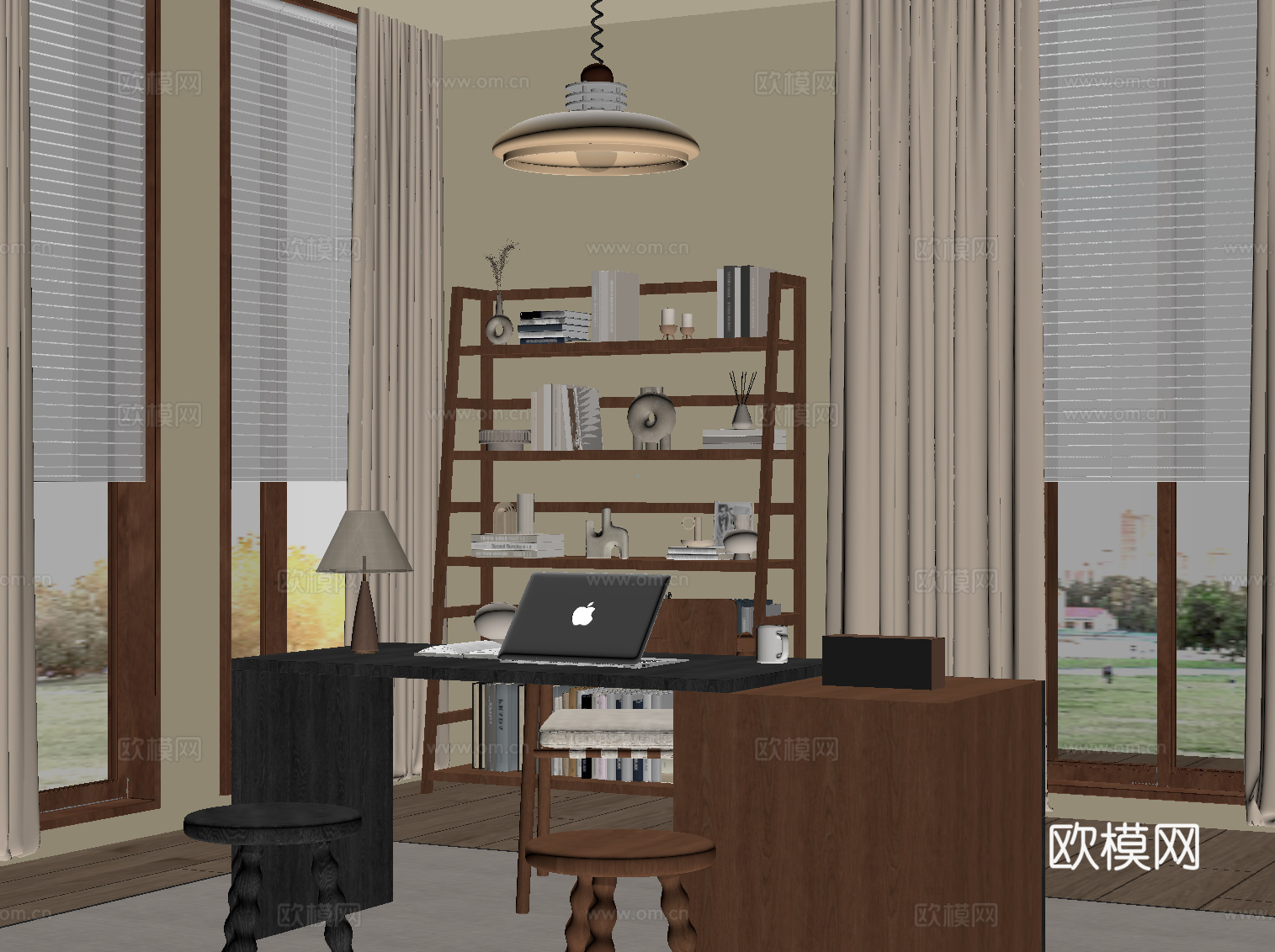 现代中古风书房 开放式书房 书桌椅 书架置物架su模型