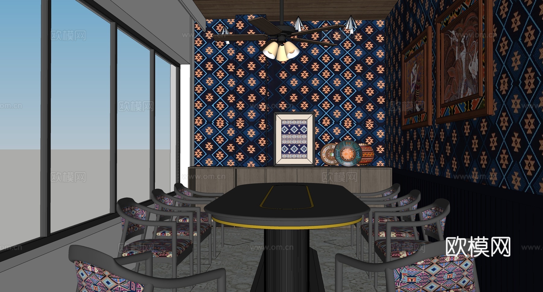 新中式餐厅包厢 民族风餐厅包间 餐桌椅组合su模型