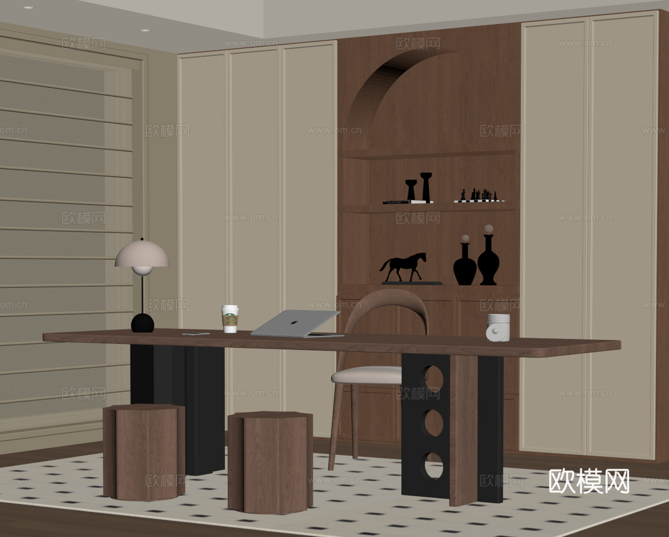 中古书房 书桌椅 书柜su模型