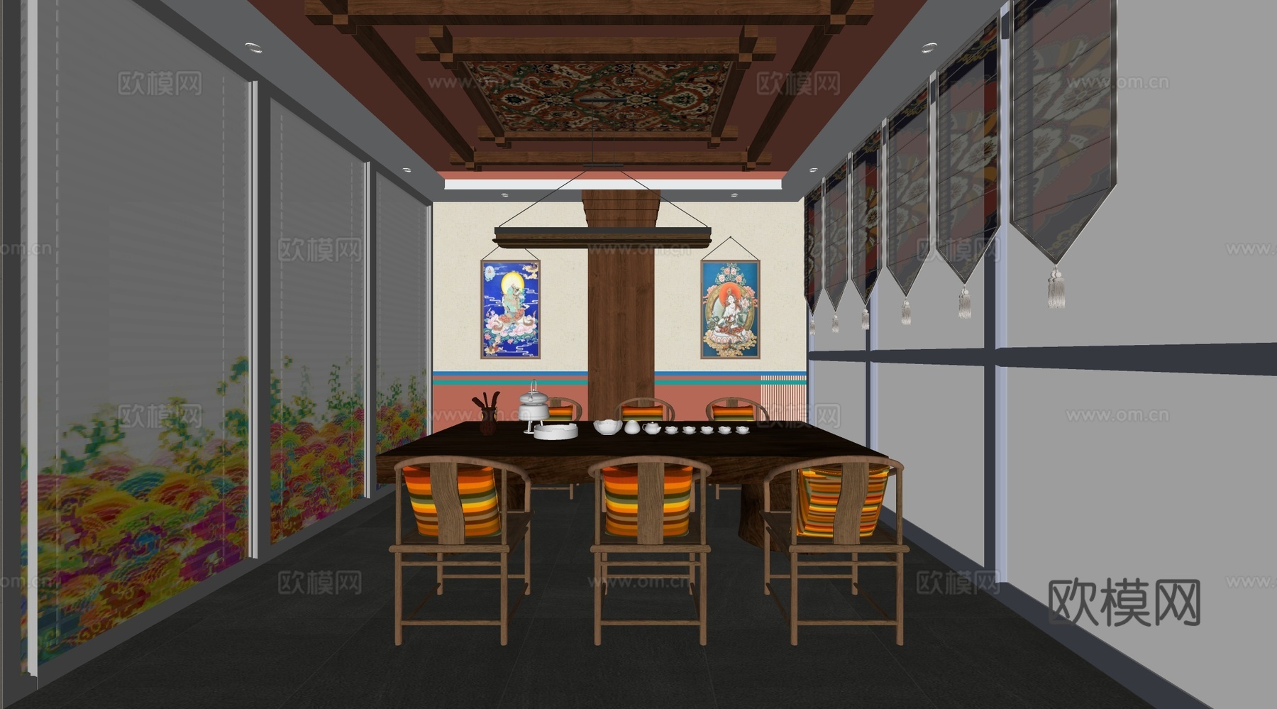 中式茶室 藏式民族风茶室 茶桌椅组合su模型