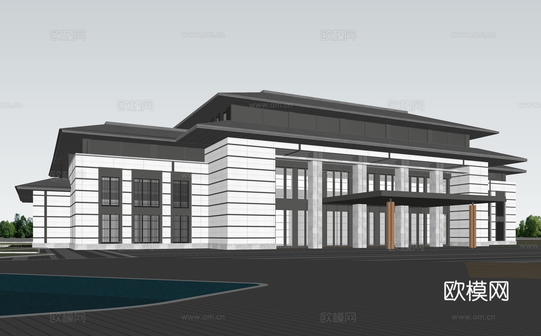 中式酒店 民宿 商业街 水街 民宿建筑su模型