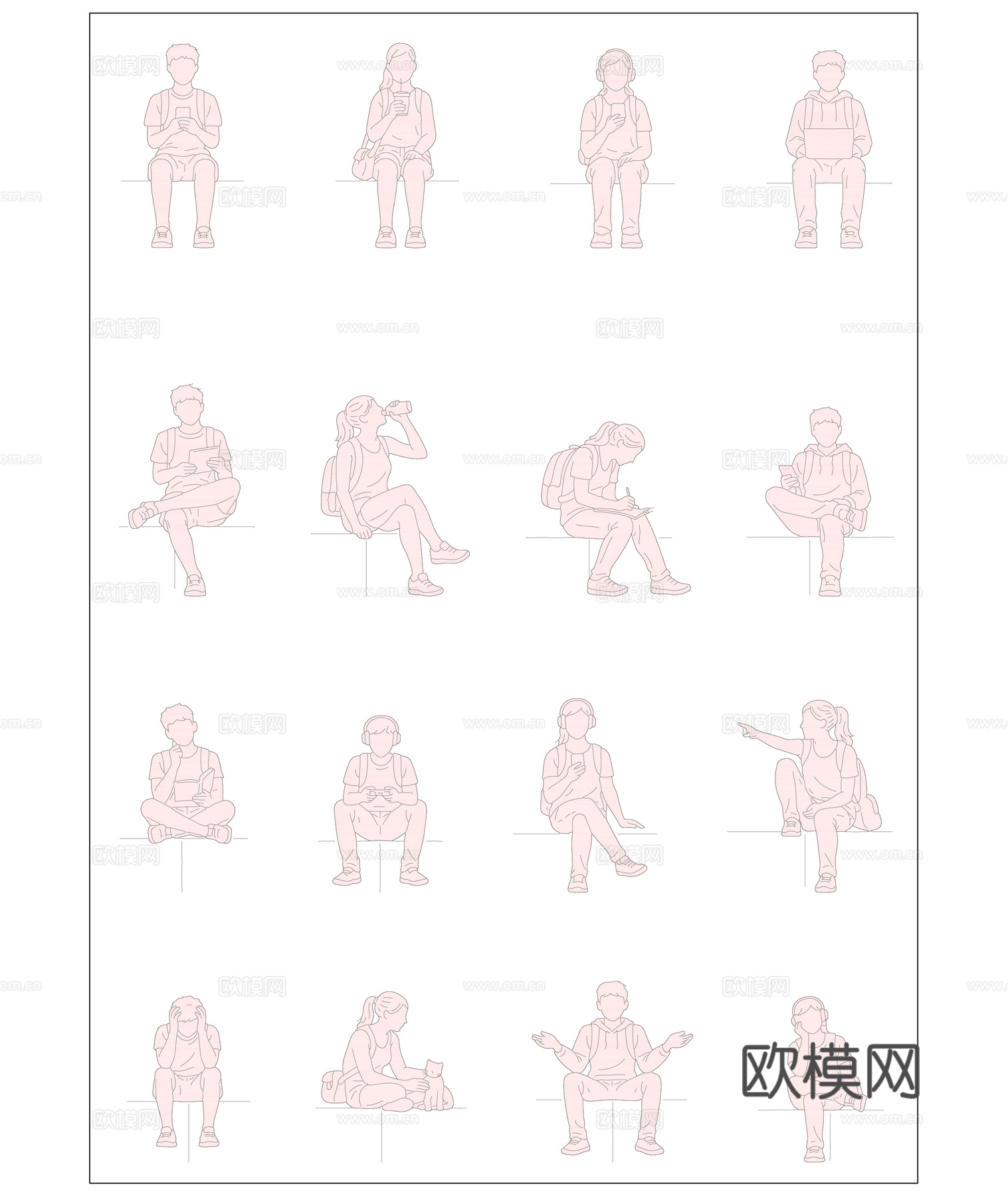 少年静影 青春坐姿 晴日坐影 春夏闲姿 学子坐影cad施工图