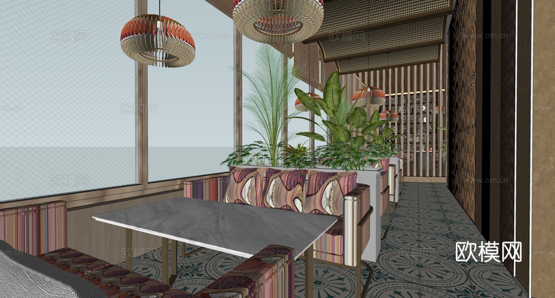 复古禅意中餐厅 壮族文化餐厅 壮族文化餐厅卡座 餐桌椅组合su模型