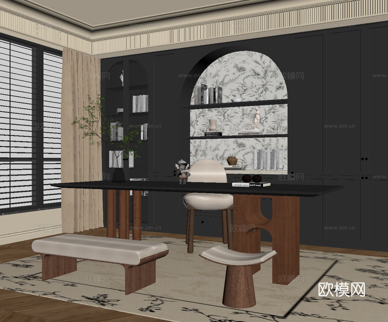 法式中古书房 书桌椅 书柜su模型