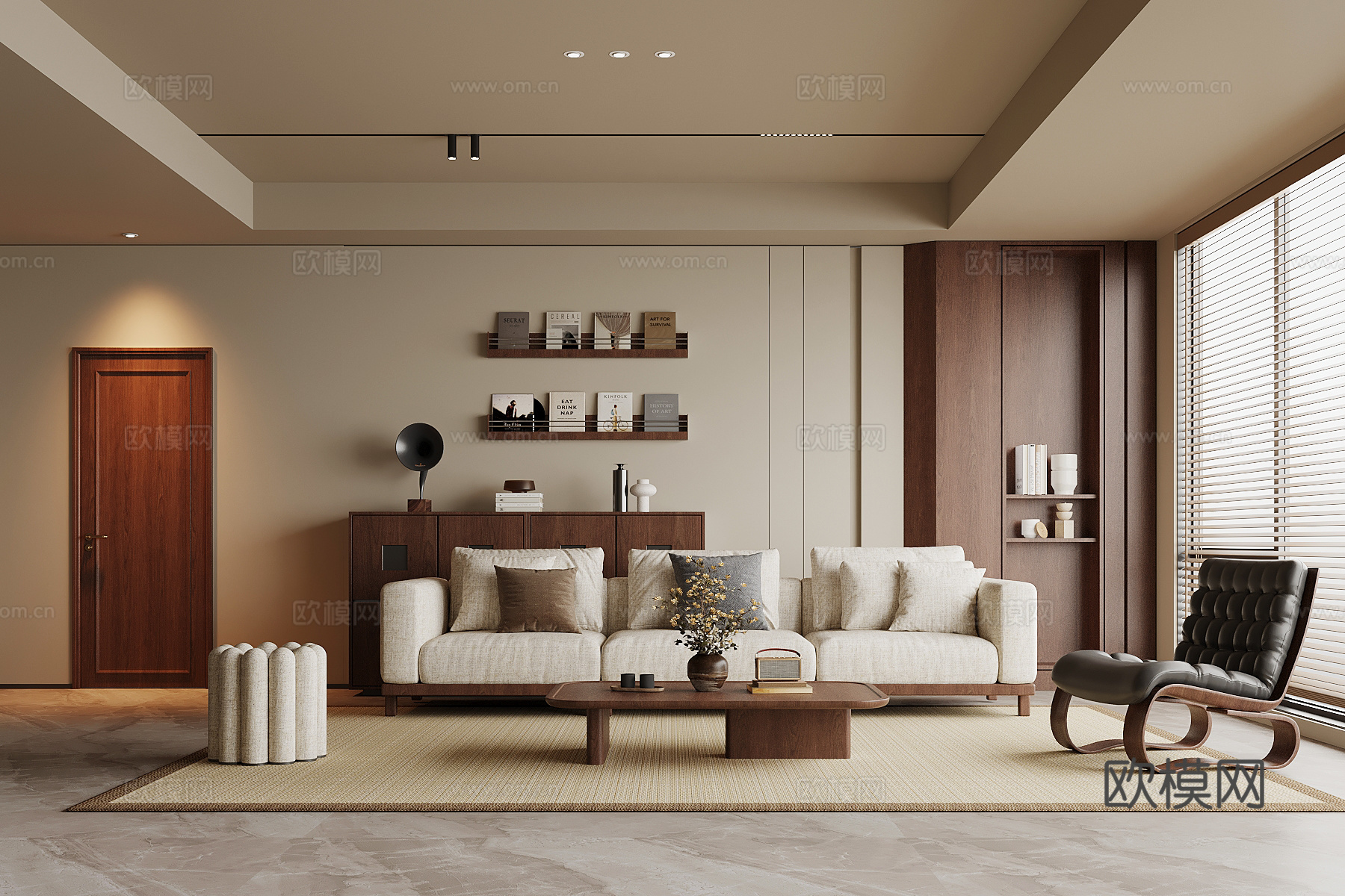 现代中古风客厅 沙发茶几组合 背景墙su模型