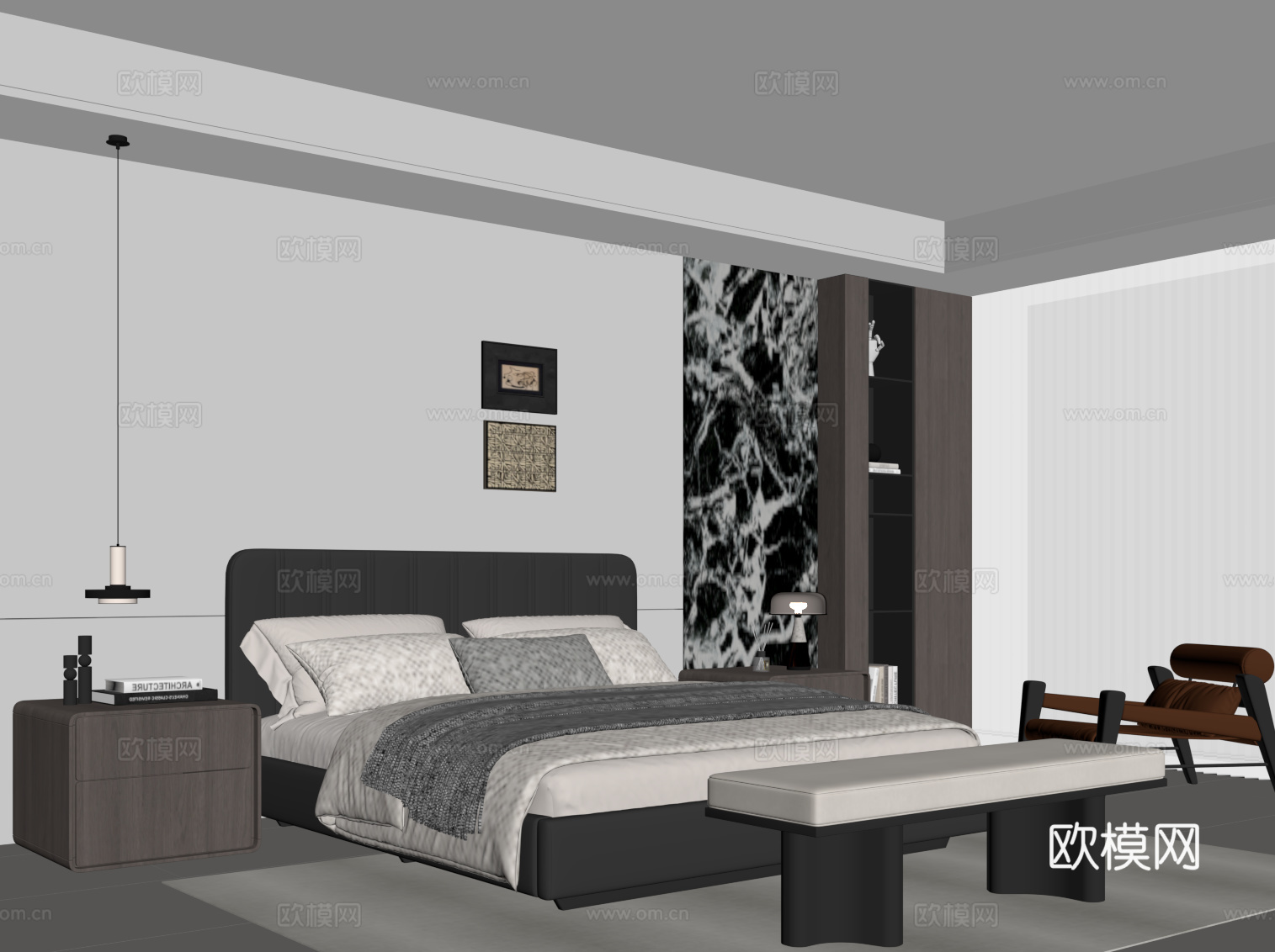现代意式卧室 双人床 床头柜 背景墙su模型