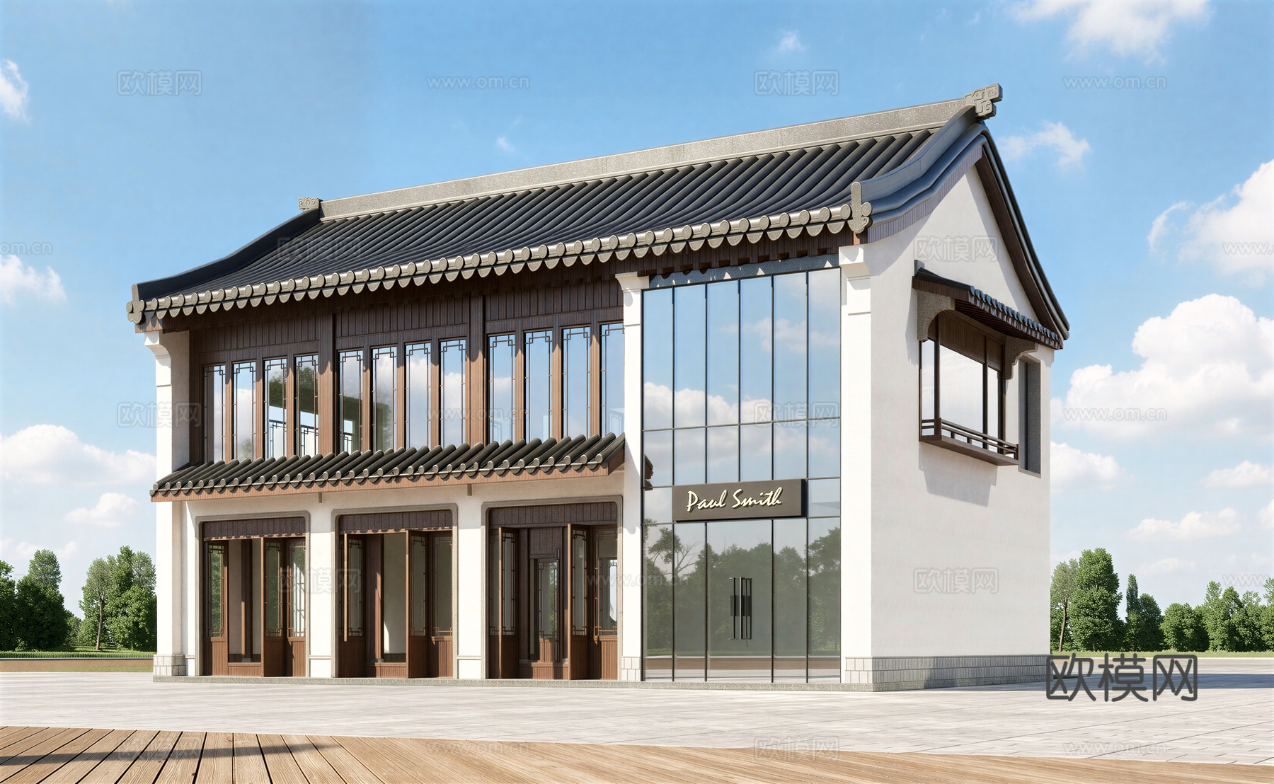 中式酒店 民宿 商业街 水街 民宿建筑su模型