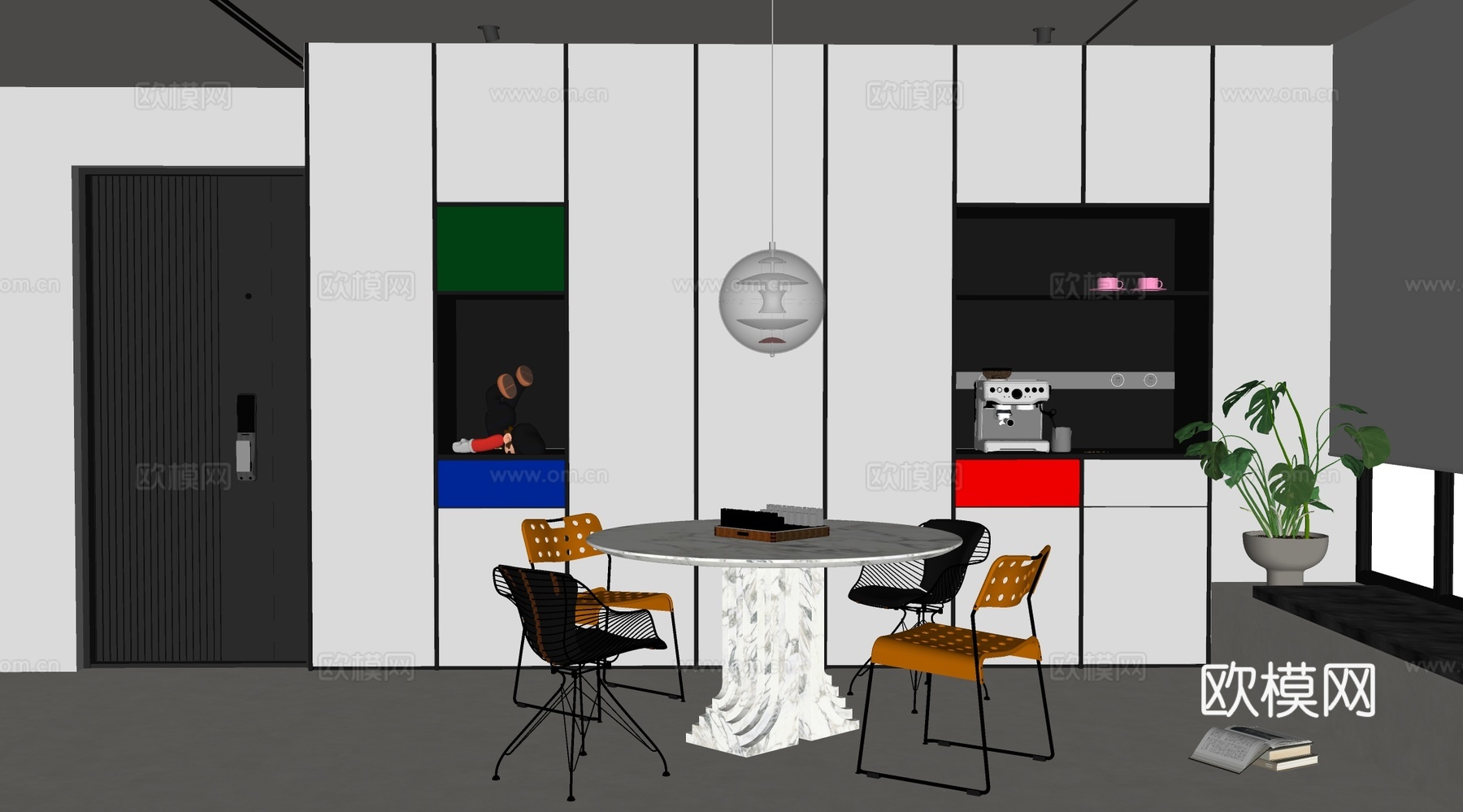 现代餐厅 餐桌椅组合 多巴胺 餐桌 餐椅 吊灯 摆件su模型