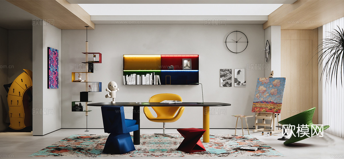 现代孟菲斯书房 书桌椅组合 画框 置物架su模型