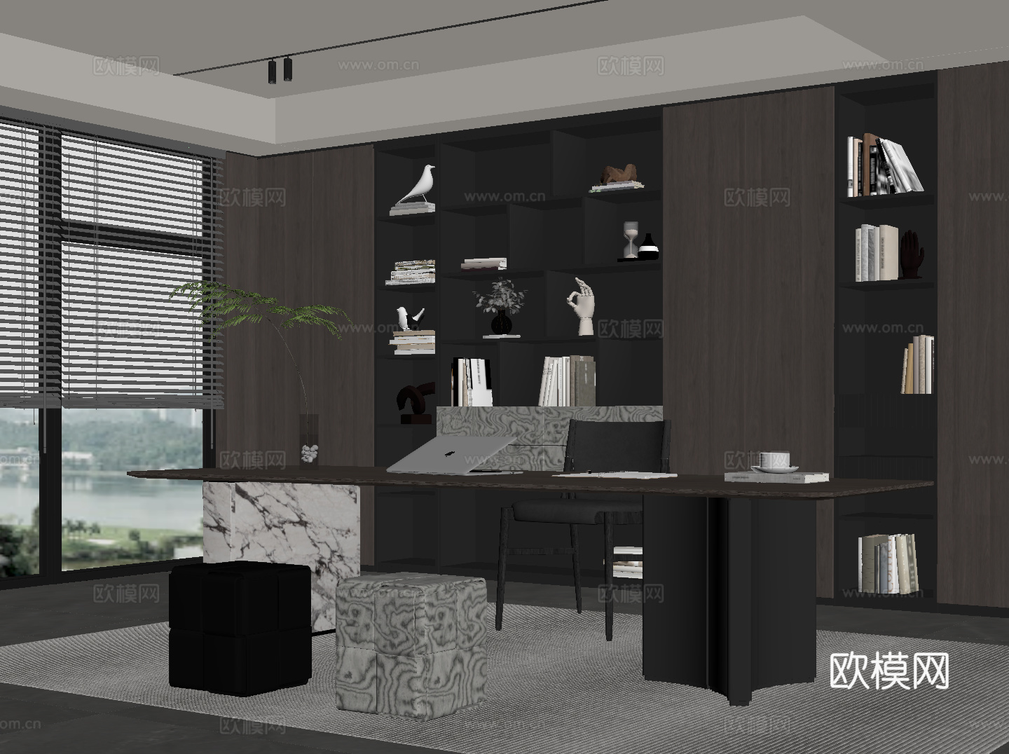 现代意式书房 书桌椅 书柜su模型