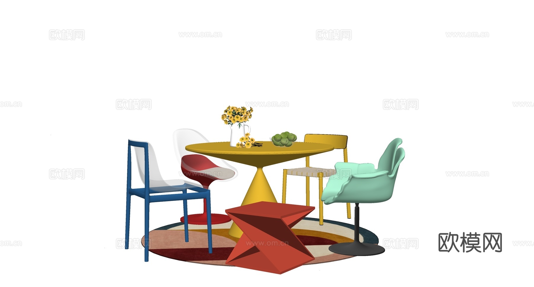 现代餐桌椅 多巴胺圆形餐桌椅 孟菲斯餐椅 休闲桌椅su模型