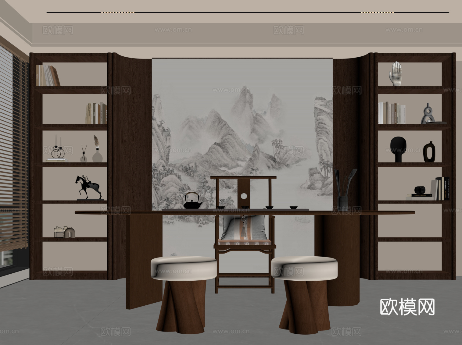 新中式茶室 复古茶室  茶桌椅 茶柜su模型