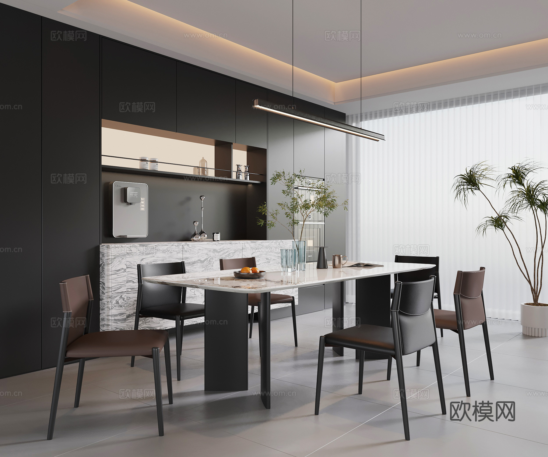 现代意式餐厅 餐桌椅 餐边柜su模型