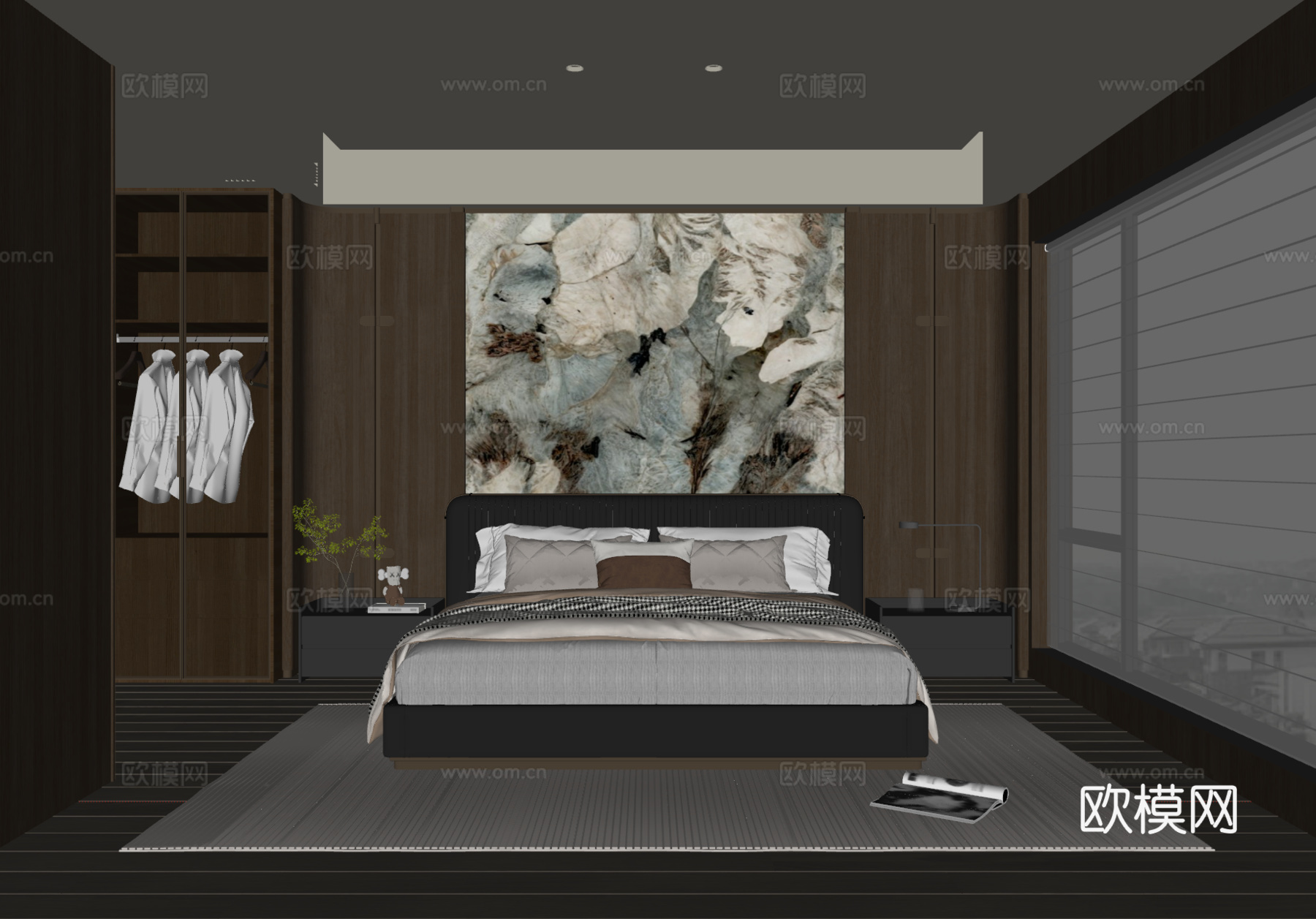 意式轻奢卧室 皮质双人床 床头柜 地毯su模型