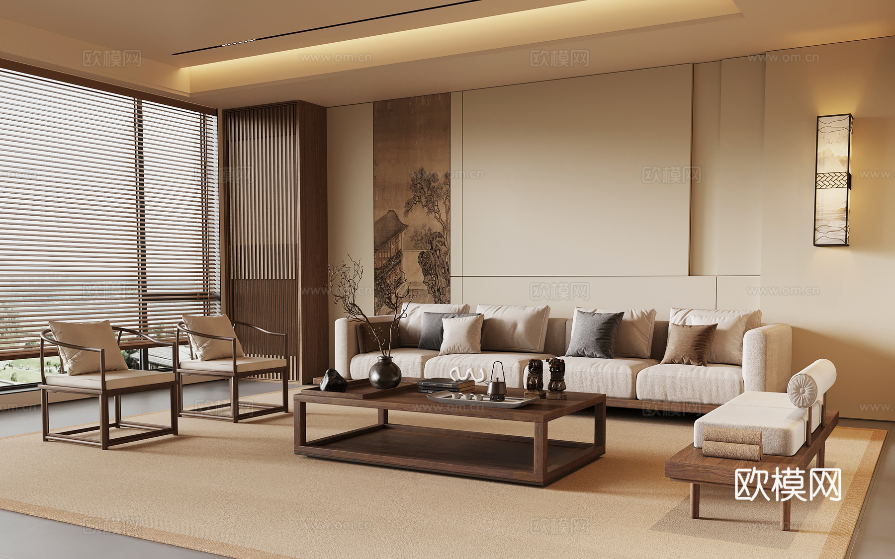 新中式客厅 宋氏风客厅 沙发茶几组合su模型