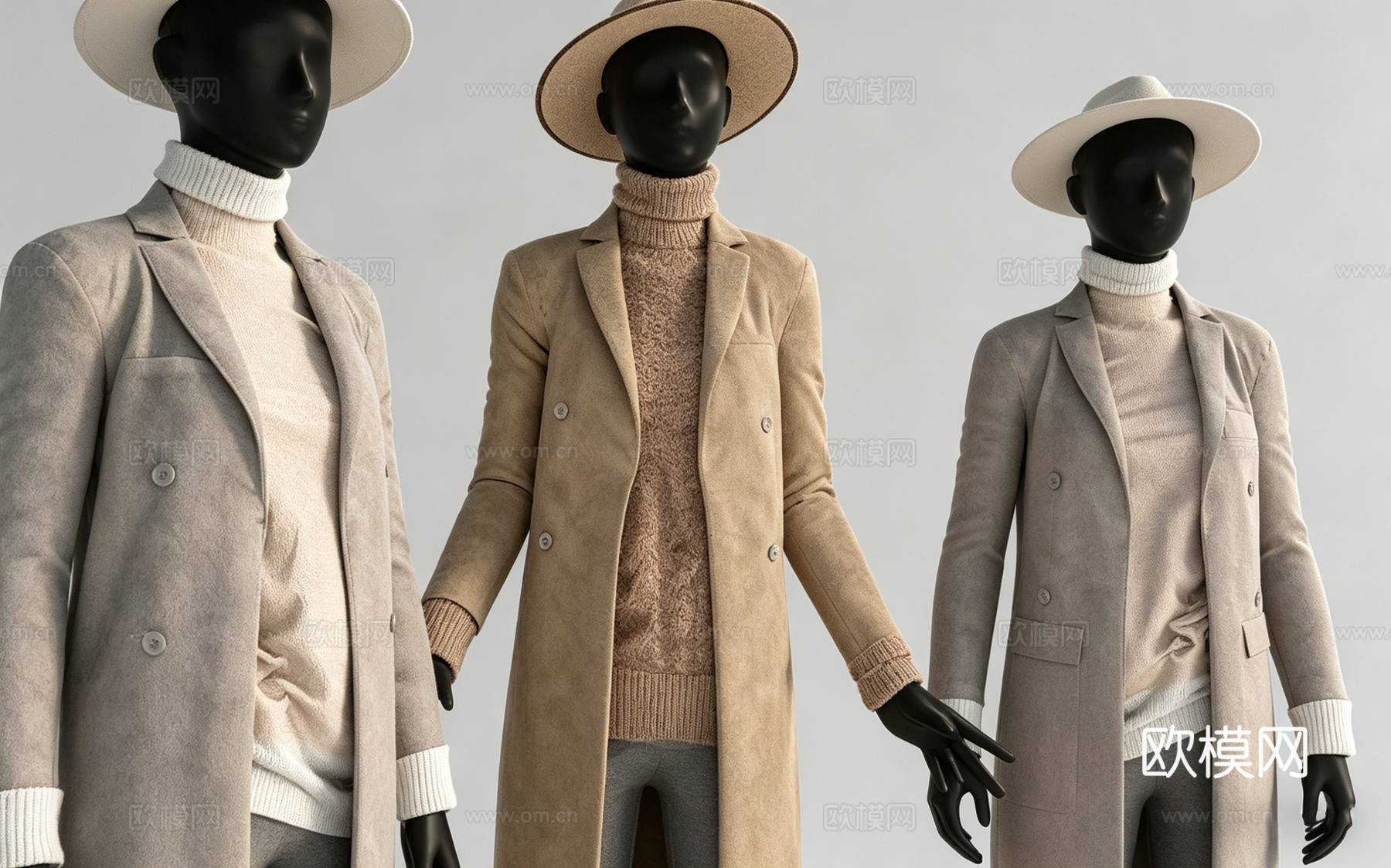 现代简约时尚人体模特服装 长款大衣 帽子靴子 多姿势 服装羊su模型