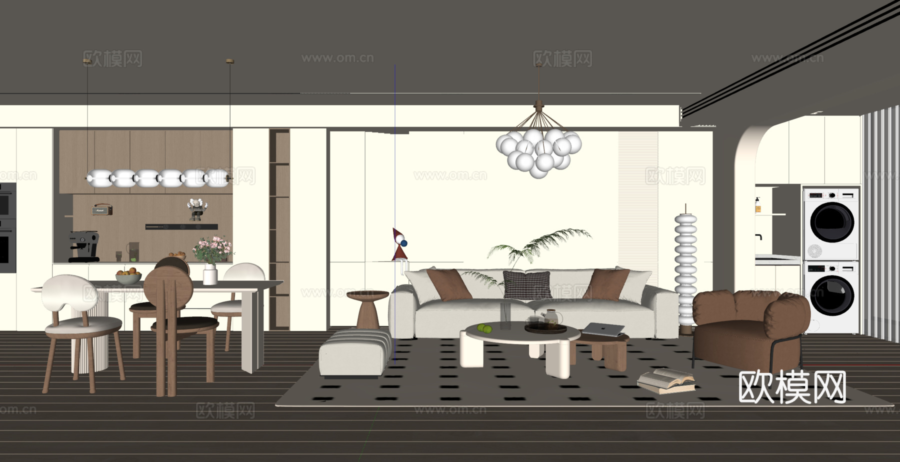 奶油风客餐厅 沙发茶几 餐桌椅 餐边柜 吊灯 地毯su模型