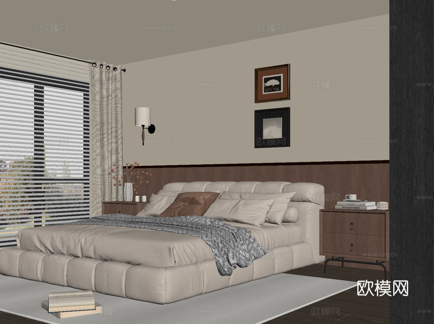 中古风卧室 双人床 背景墙 装饰画su模型