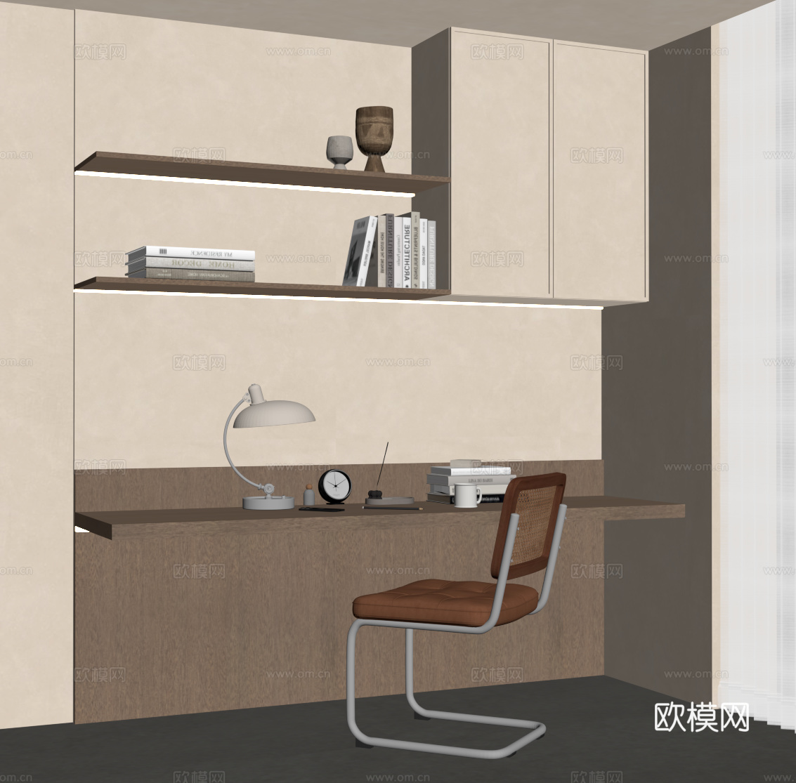 中古风书桌椅 书柜su模型