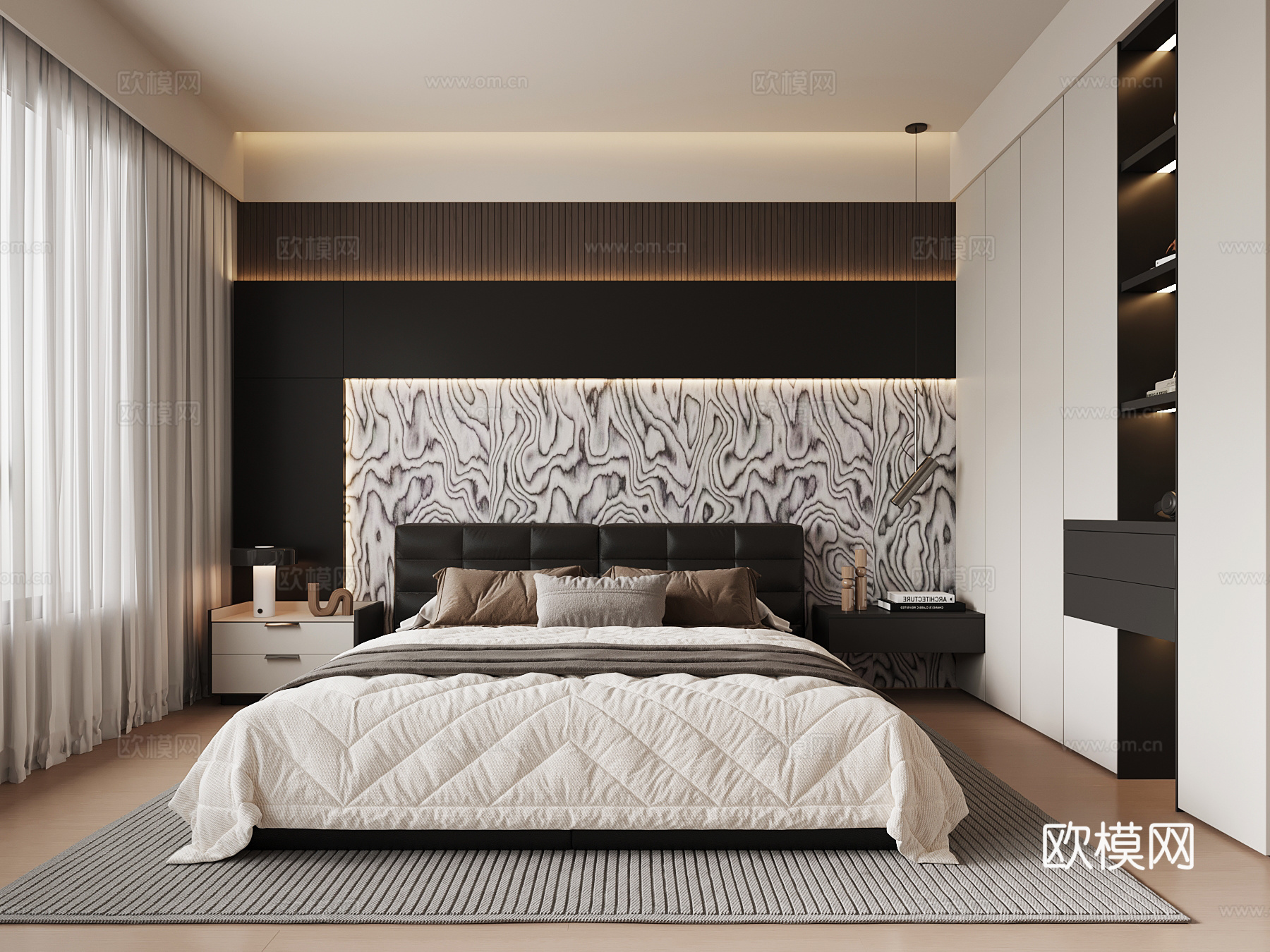现代意式卧室 黑白灰卧室 双人床 衣柜su模型