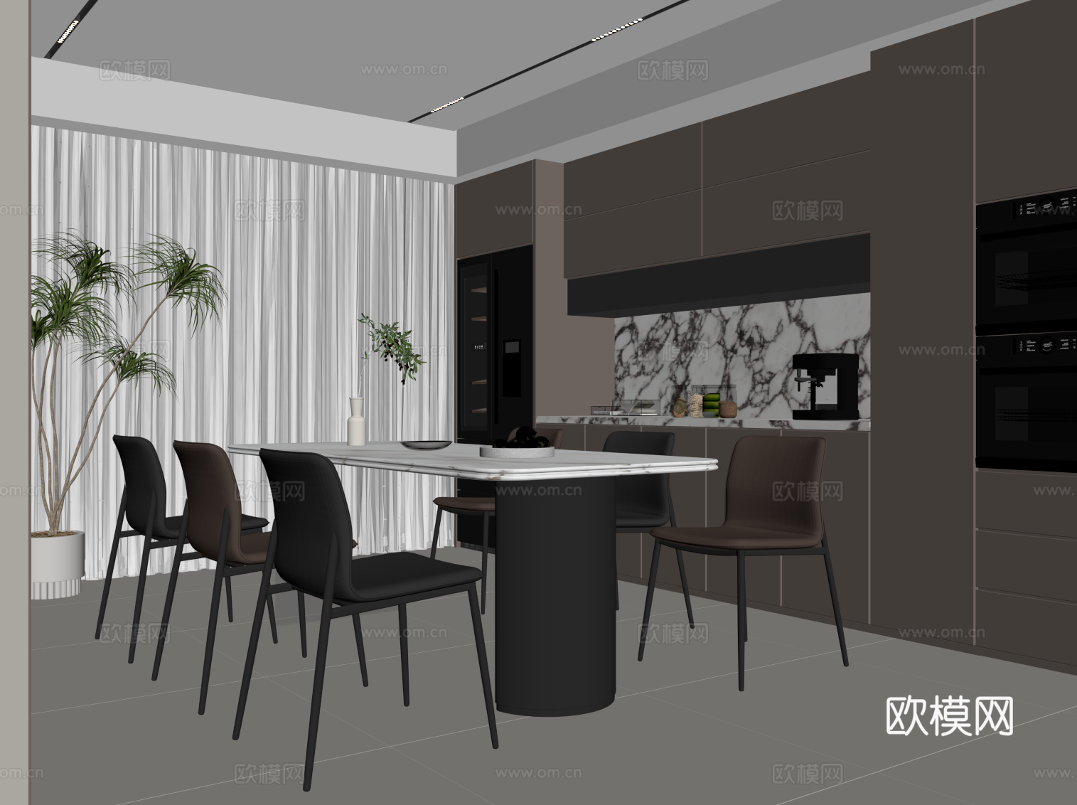 现代意式餐厅 餐桌椅 餐边柜su模型
