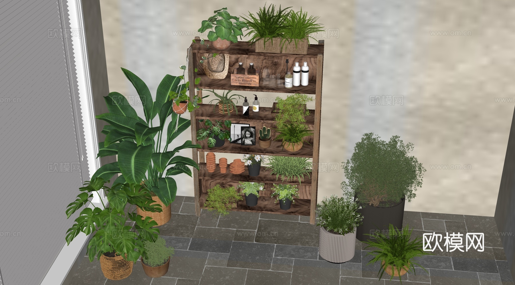 现代植物摆设组合 原木植物装饰柜 花架盆栽组合su模型