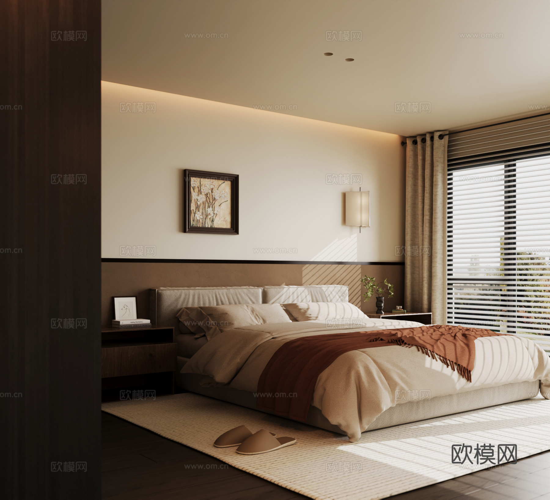 现代中古风卧室 双人床 床头柜 背景墙_su模型