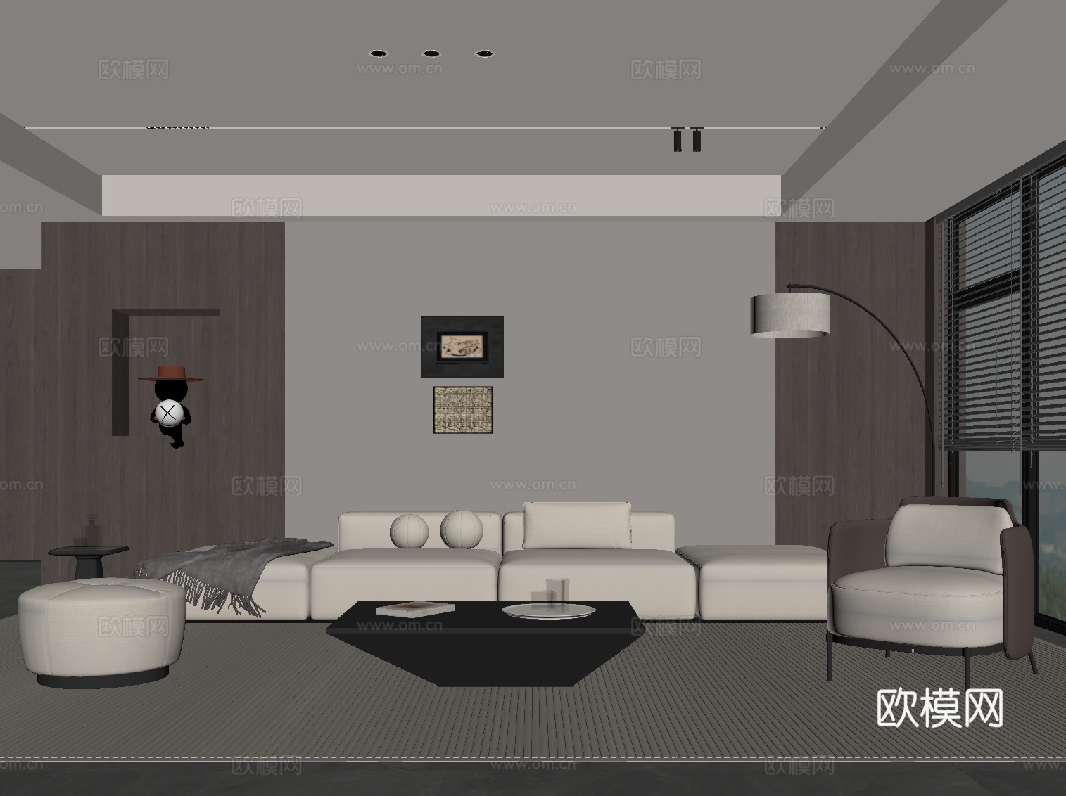 现代意式家居客厅 沙发茶几组合 背景墙su模型