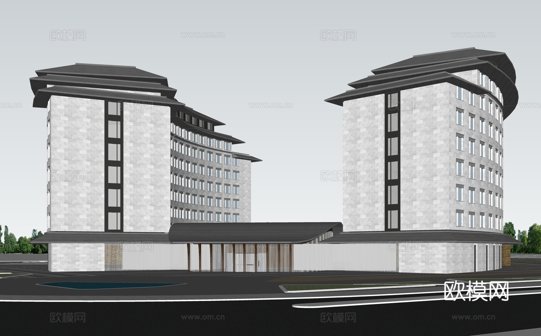 中式酒店 民宿 商业街 水街 民宿建筑su模型