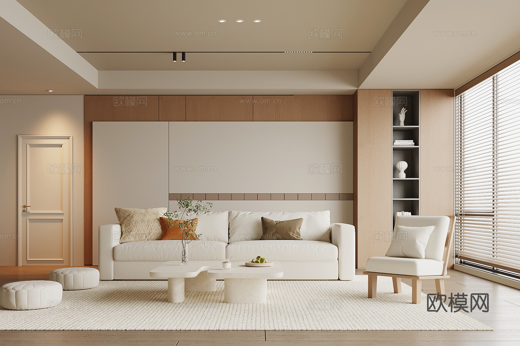 现代奶油风客厅 沙发茶几组合 背景墙su模型
