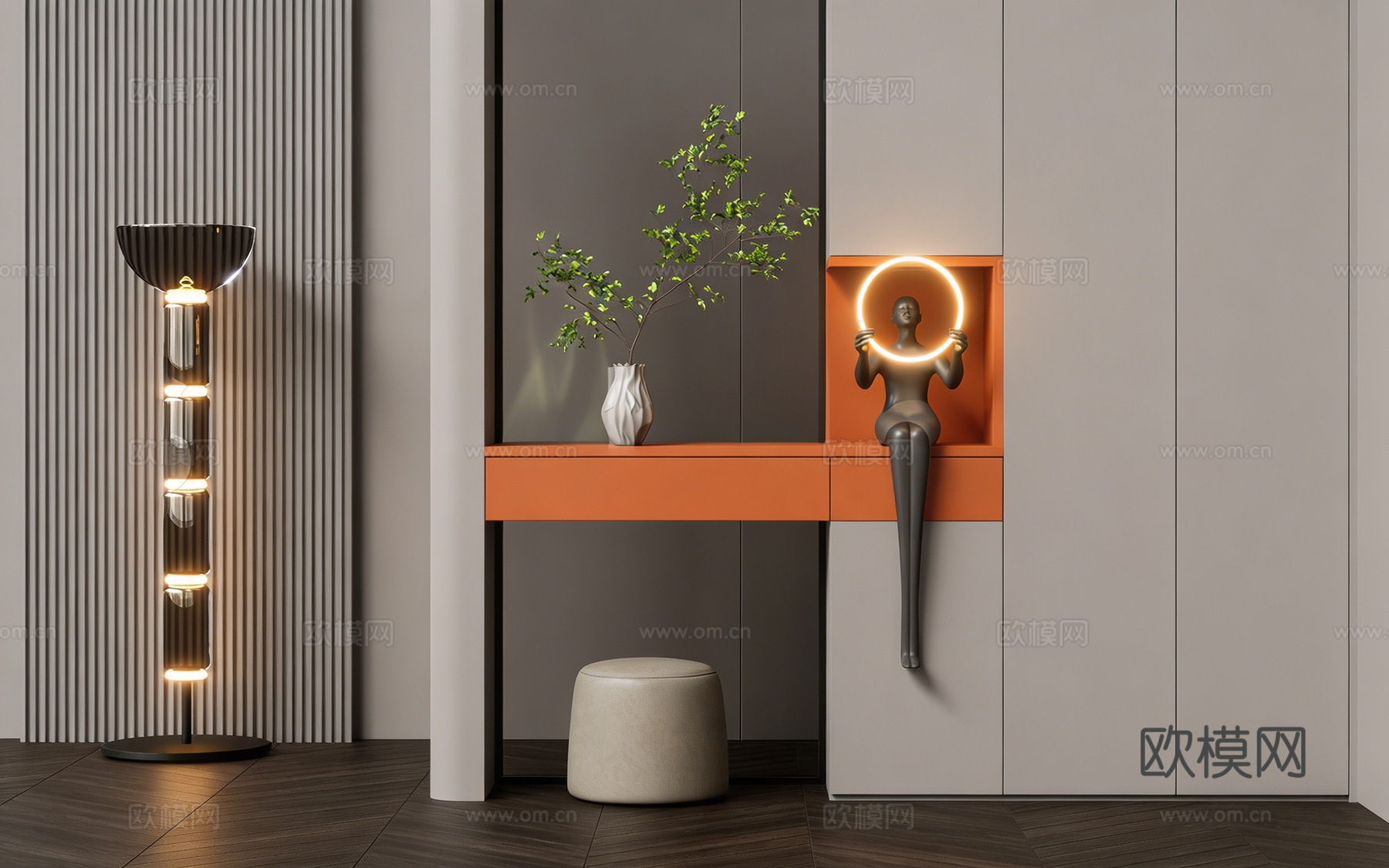 现代简约艺术感室内端景场景 发光圆环雕塑 橙色搁板 条纹柱su模型