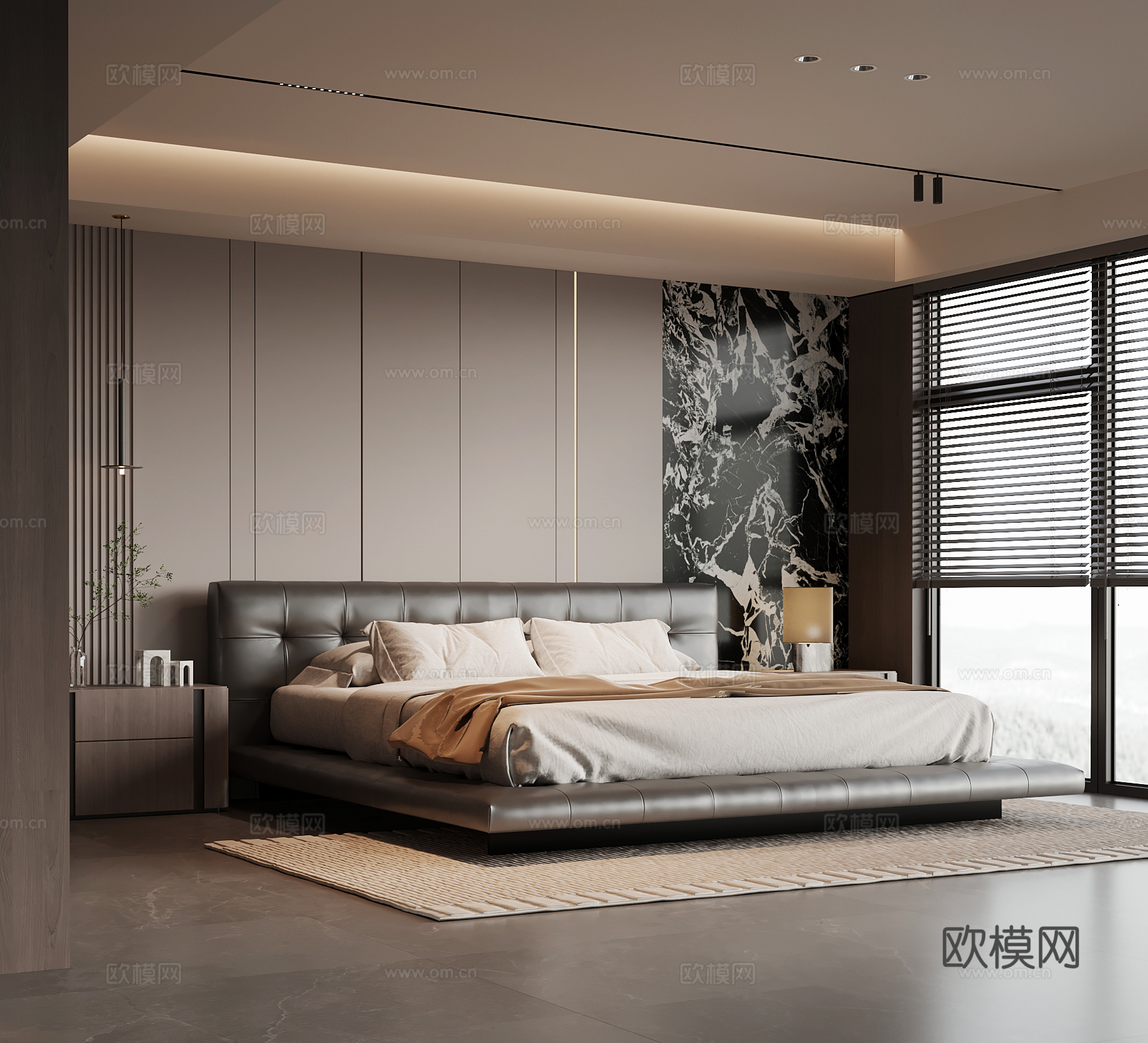 现代意式家居卧室 双人床 背景墙 床头柜su模型