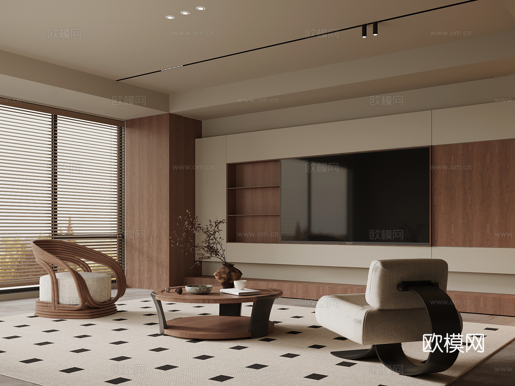 现代中古风客厅 电视背景墙 沙发茶几组合su模型