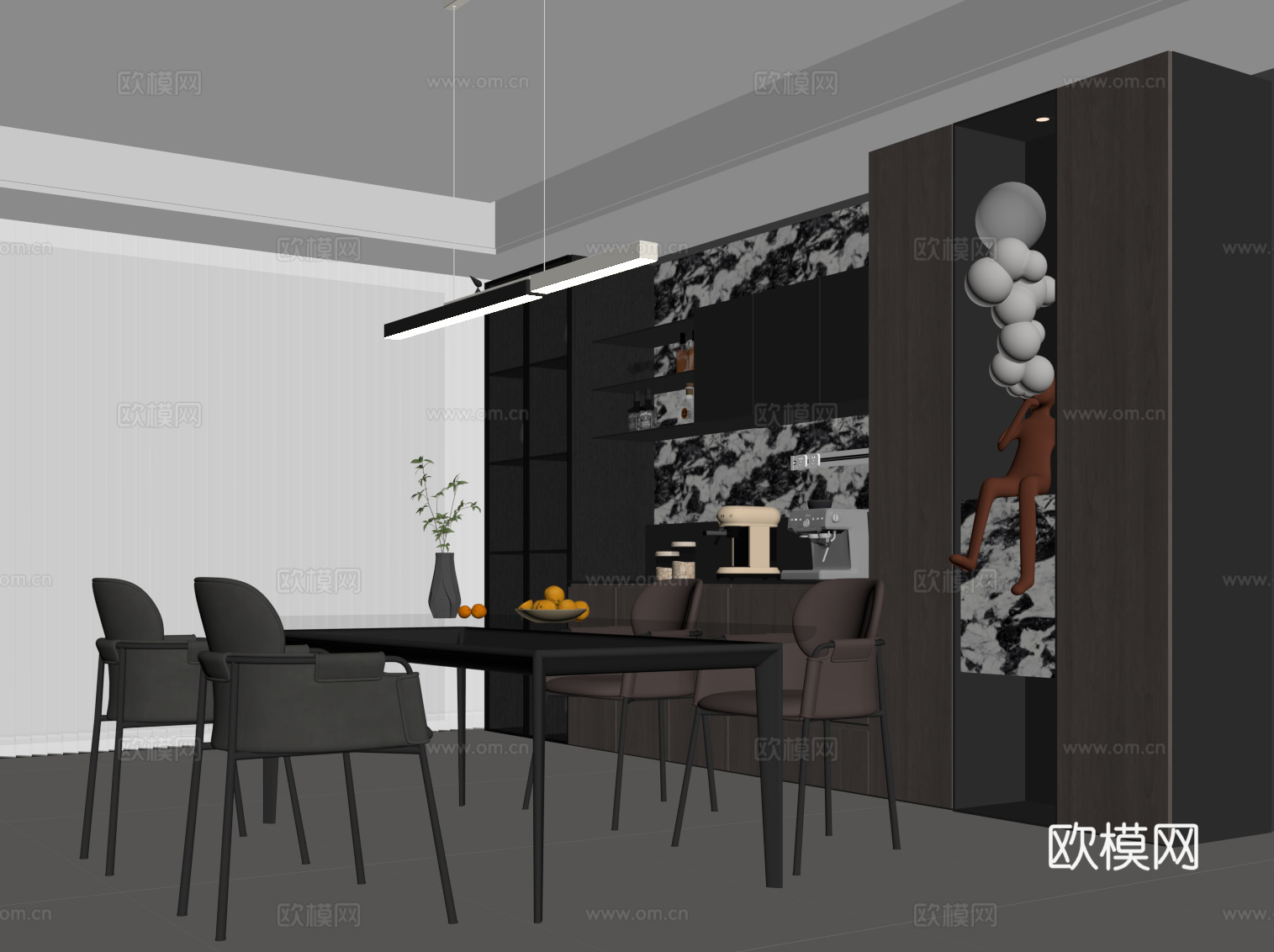 现代意式餐厅 开放式餐厅 餐边柜 酒柜 餐桌椅su模型