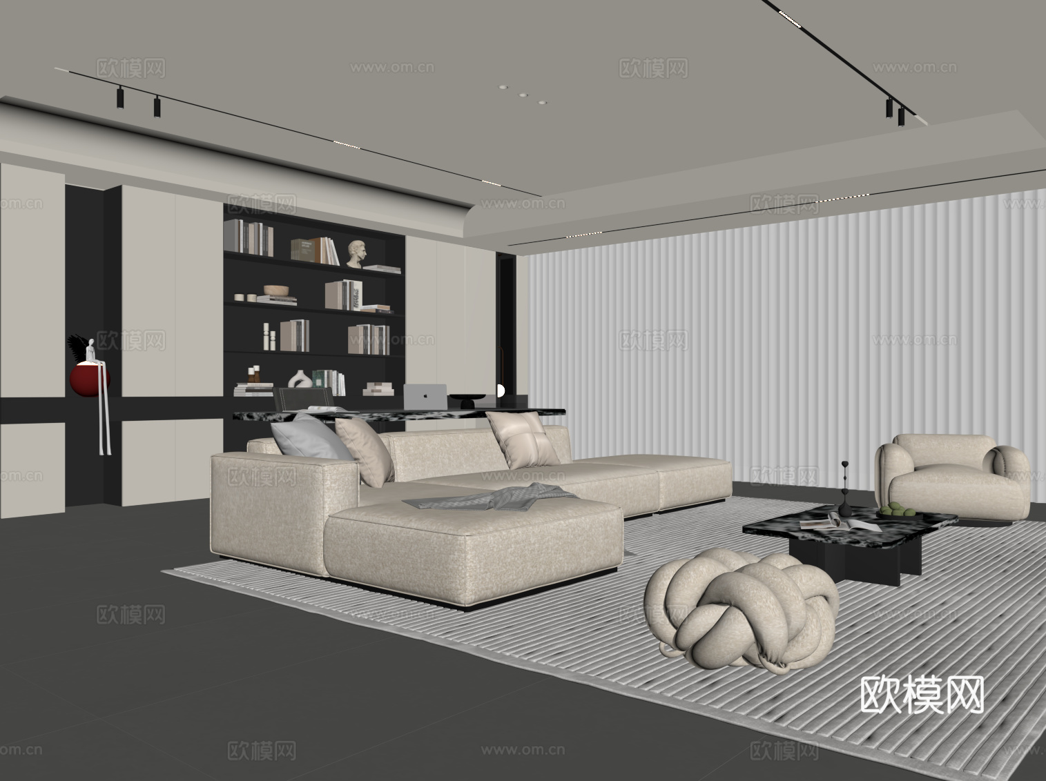 现代别墅客厅 沙发茶几组合 书桌椅 书柜su模型