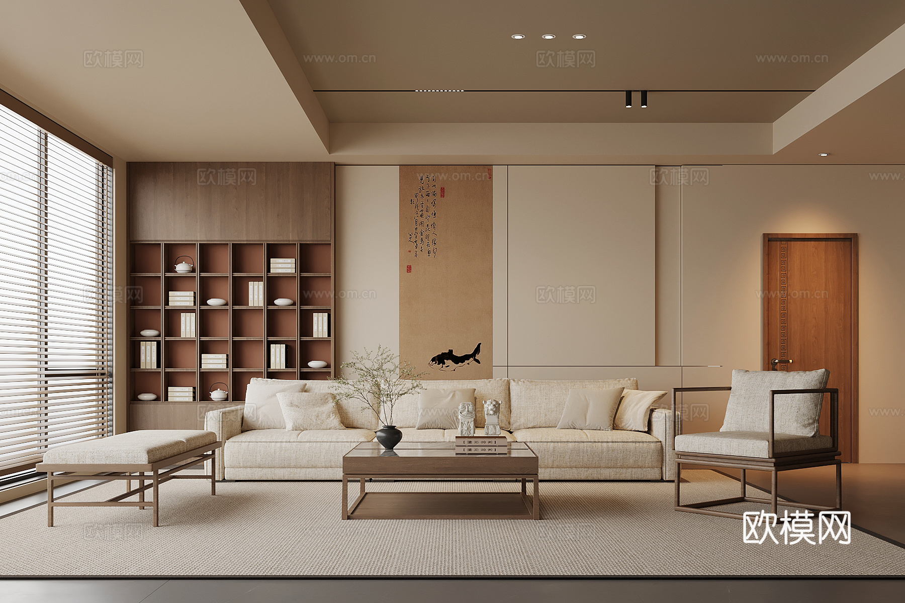 新中式客厅 沙发茶几组合 置物柜背景墙su模型