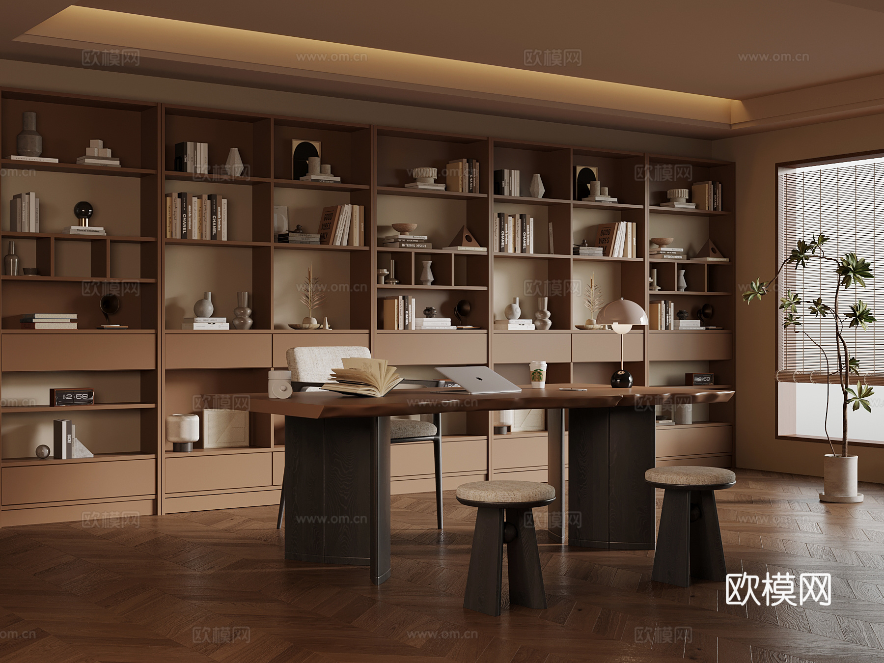 现代中古风书房 书柜 书桌椅su模型