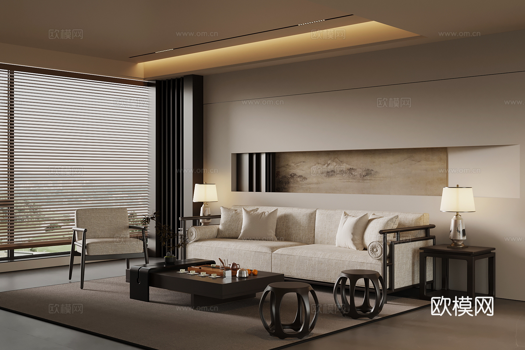 新中式宋氏风客厅 沙发茶几组合 背景墙su模型