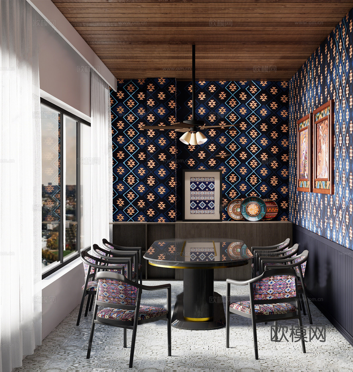 新中式餐厅包厢 民族风餐厅包间 餐桌椅组合su模型