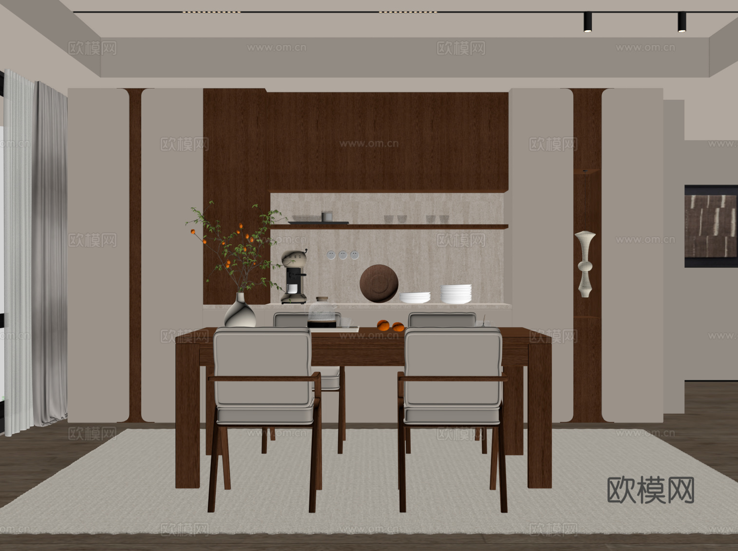 中古风餐厅 餐桌椅 餐边柜su模型