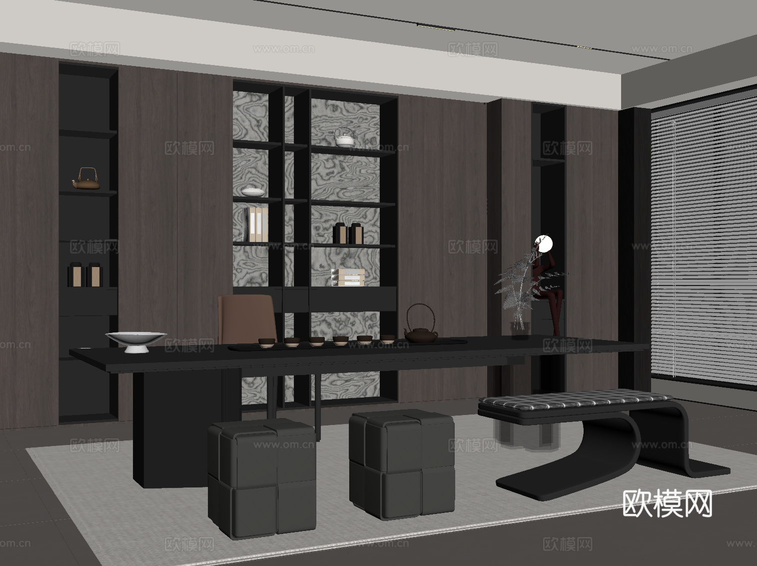 现代意式茶室 茶桌椅 茶柜su模型