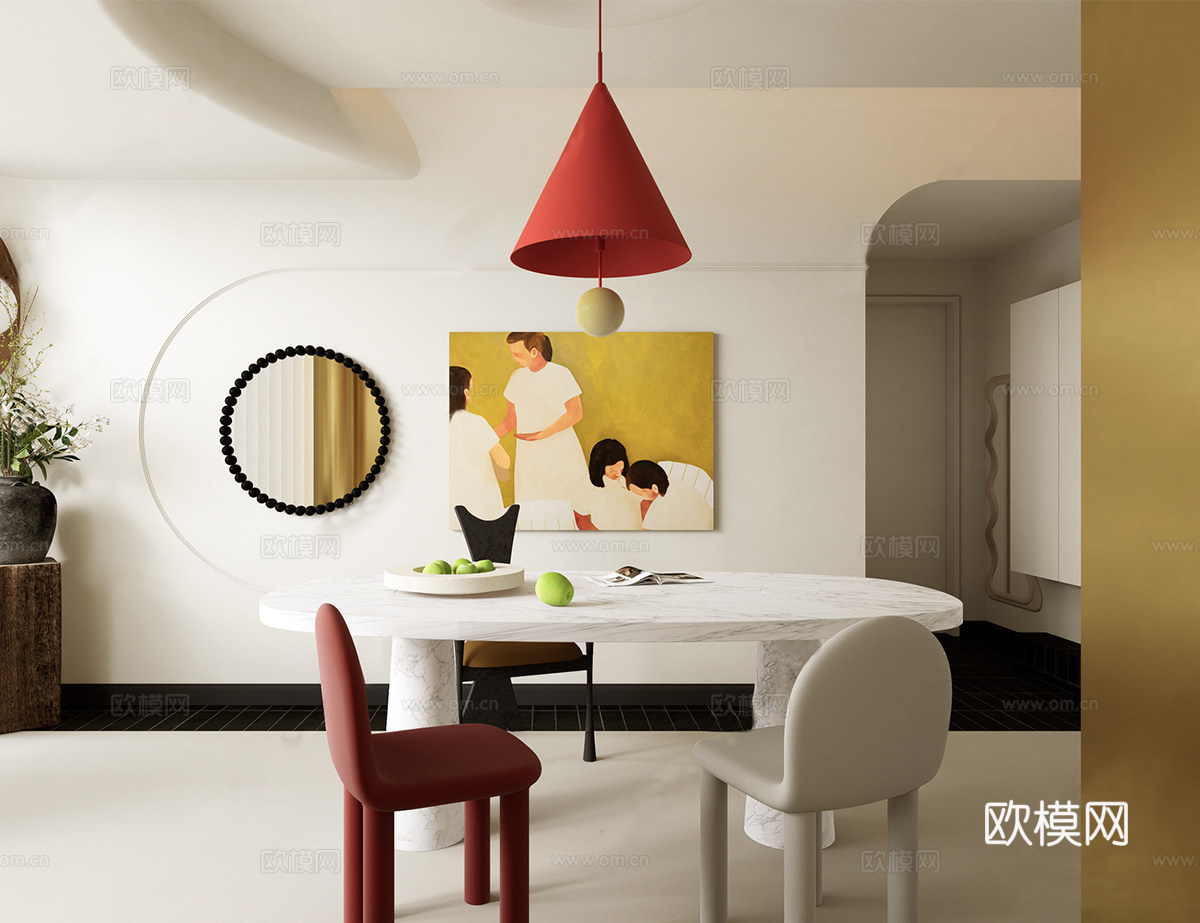 现代中古餐厅 餐桌椅组合 吊灯su模型