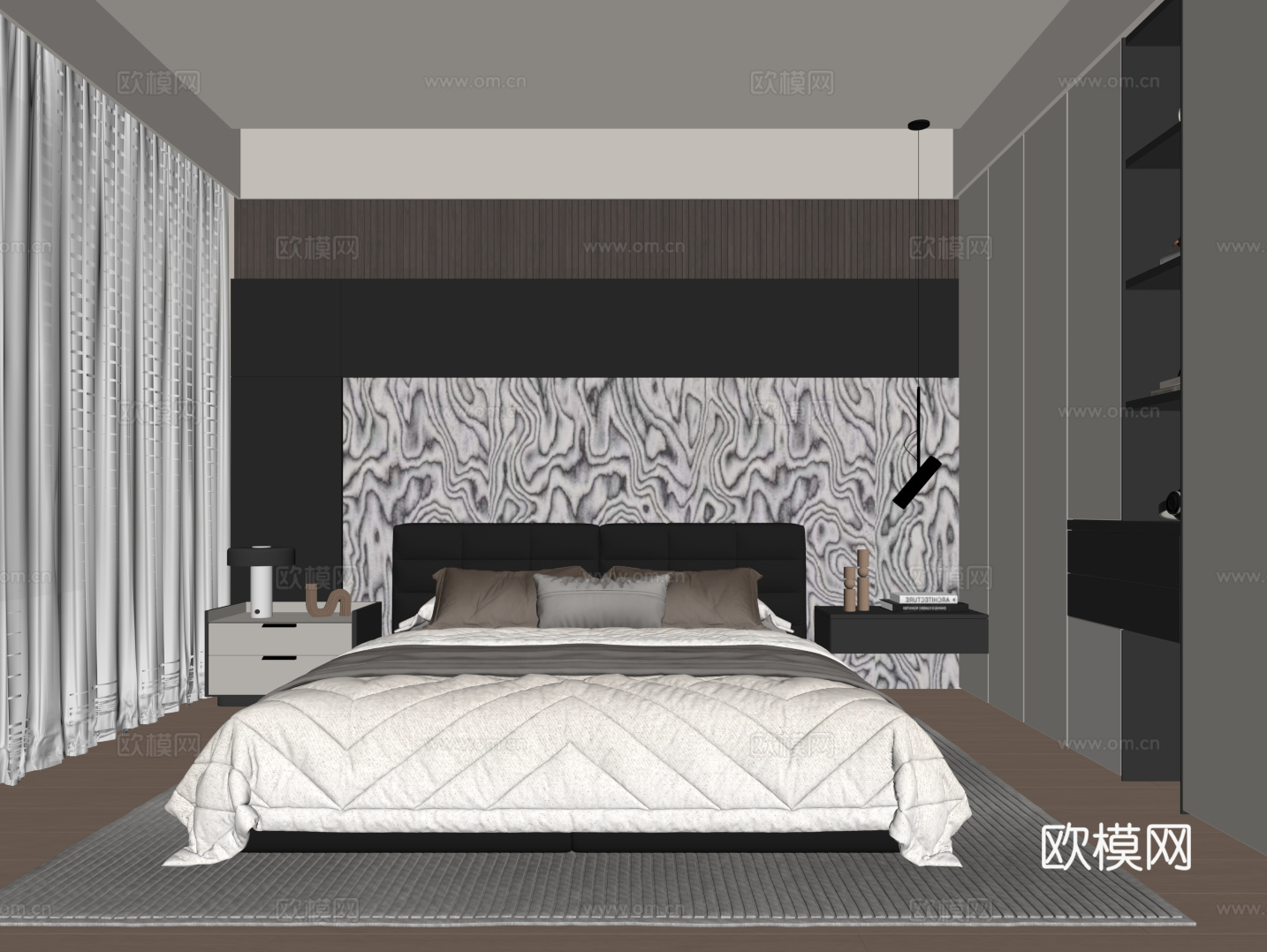 现代意式卧室 黑白灰卧室 双人床 衣柜su模型