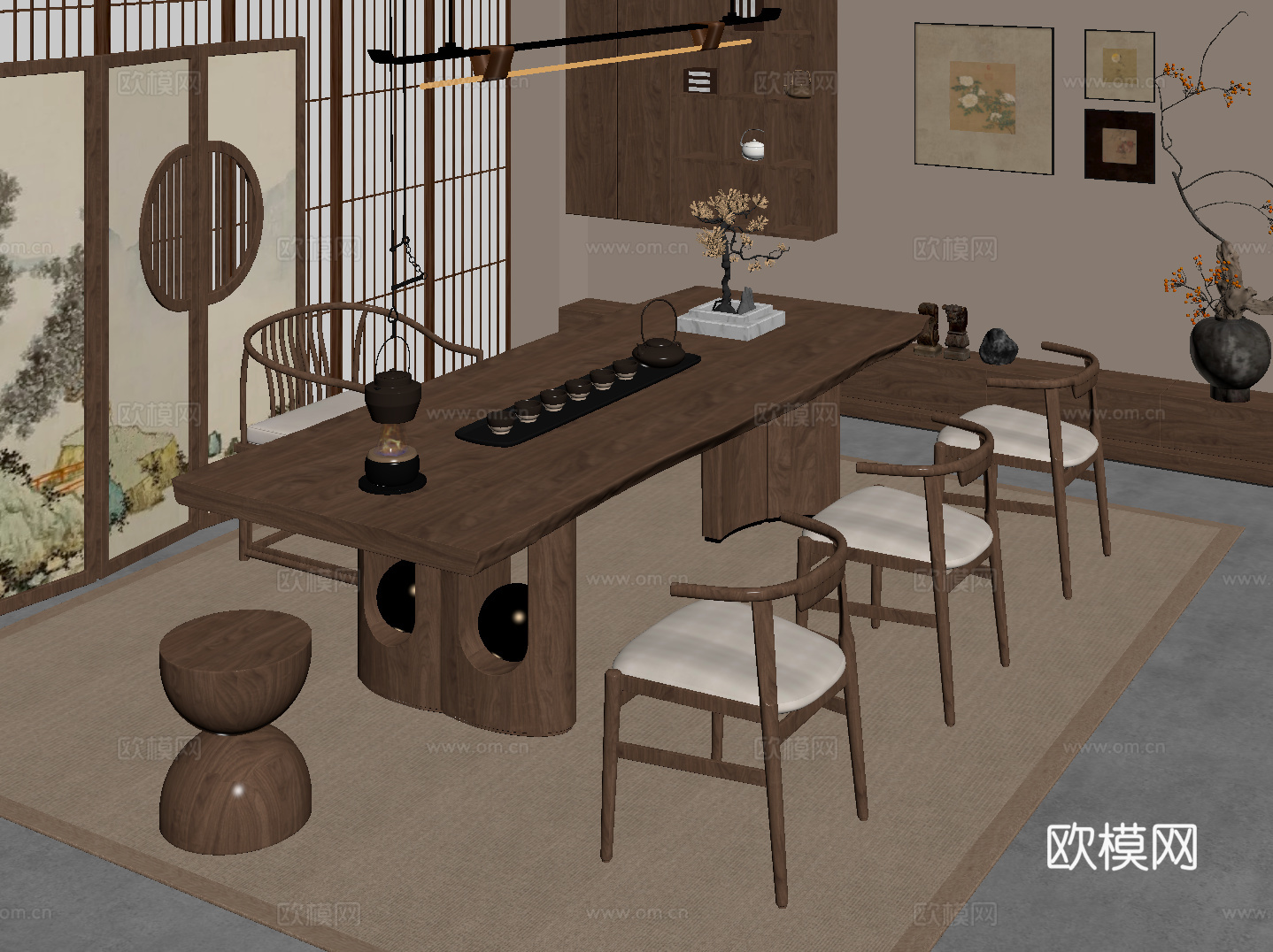 新中式茶室 茶桌椅su模型