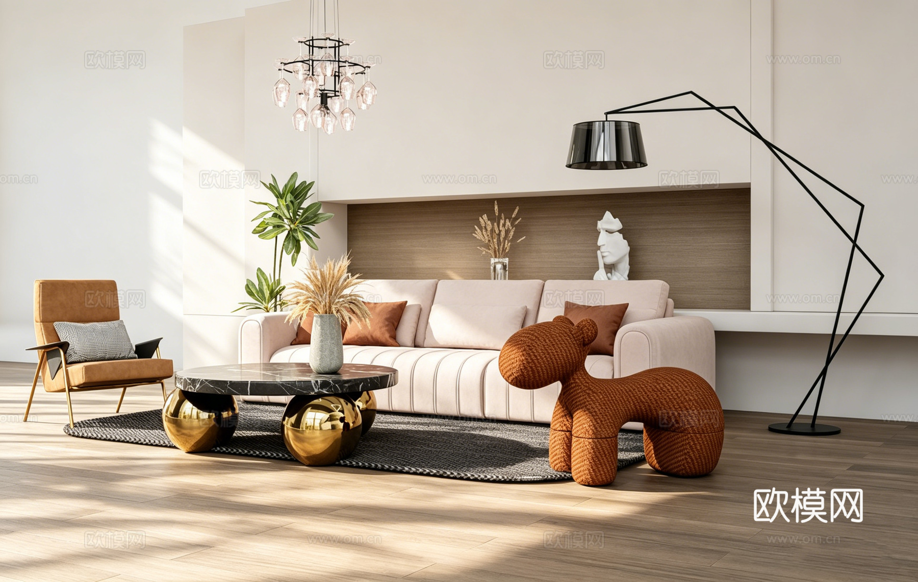 法式轻奢沙发组合 动物凳 大理石茶几 吊灯装饰 创意动物造型su模型