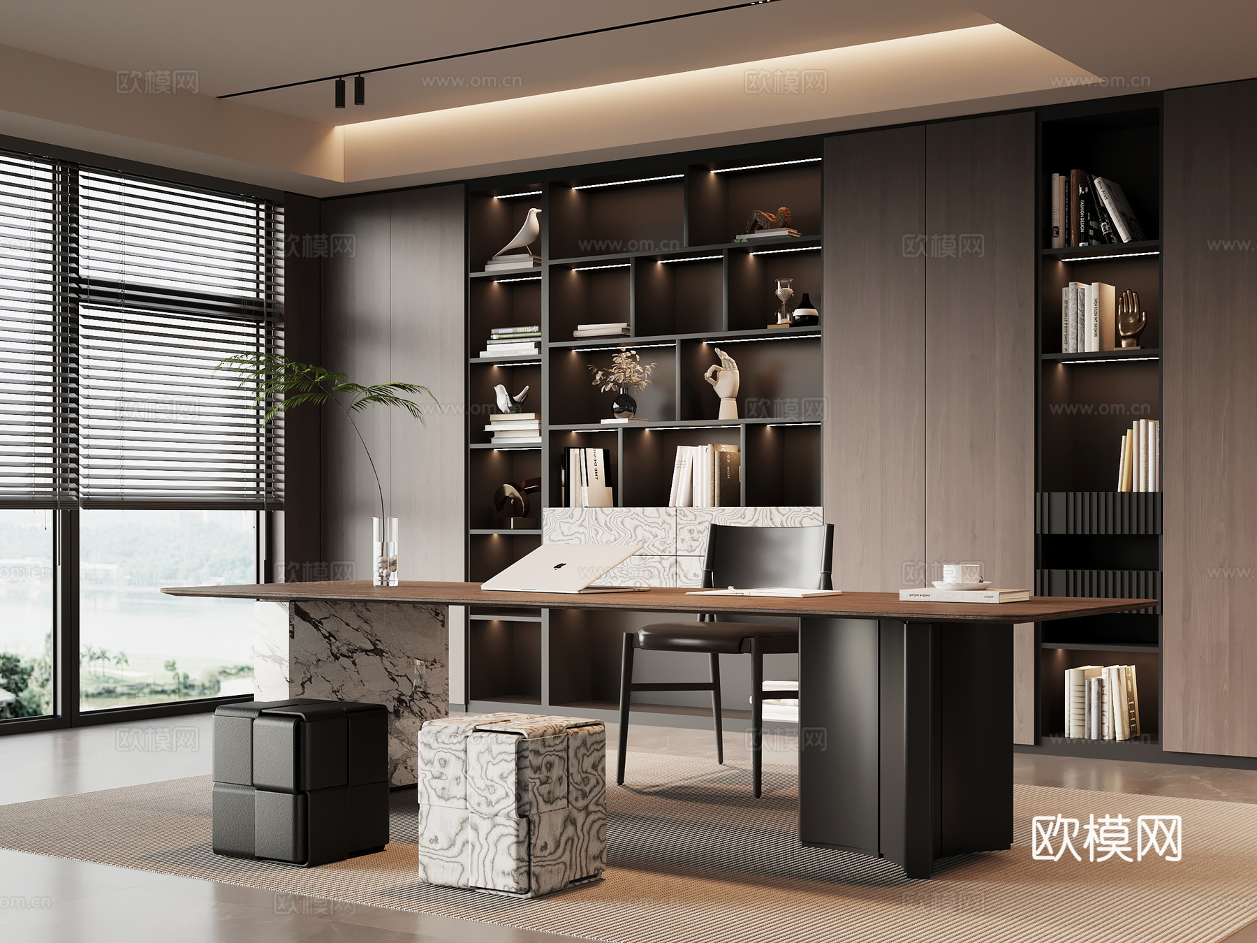 现代意式书房 书桌椅 书柜su模型