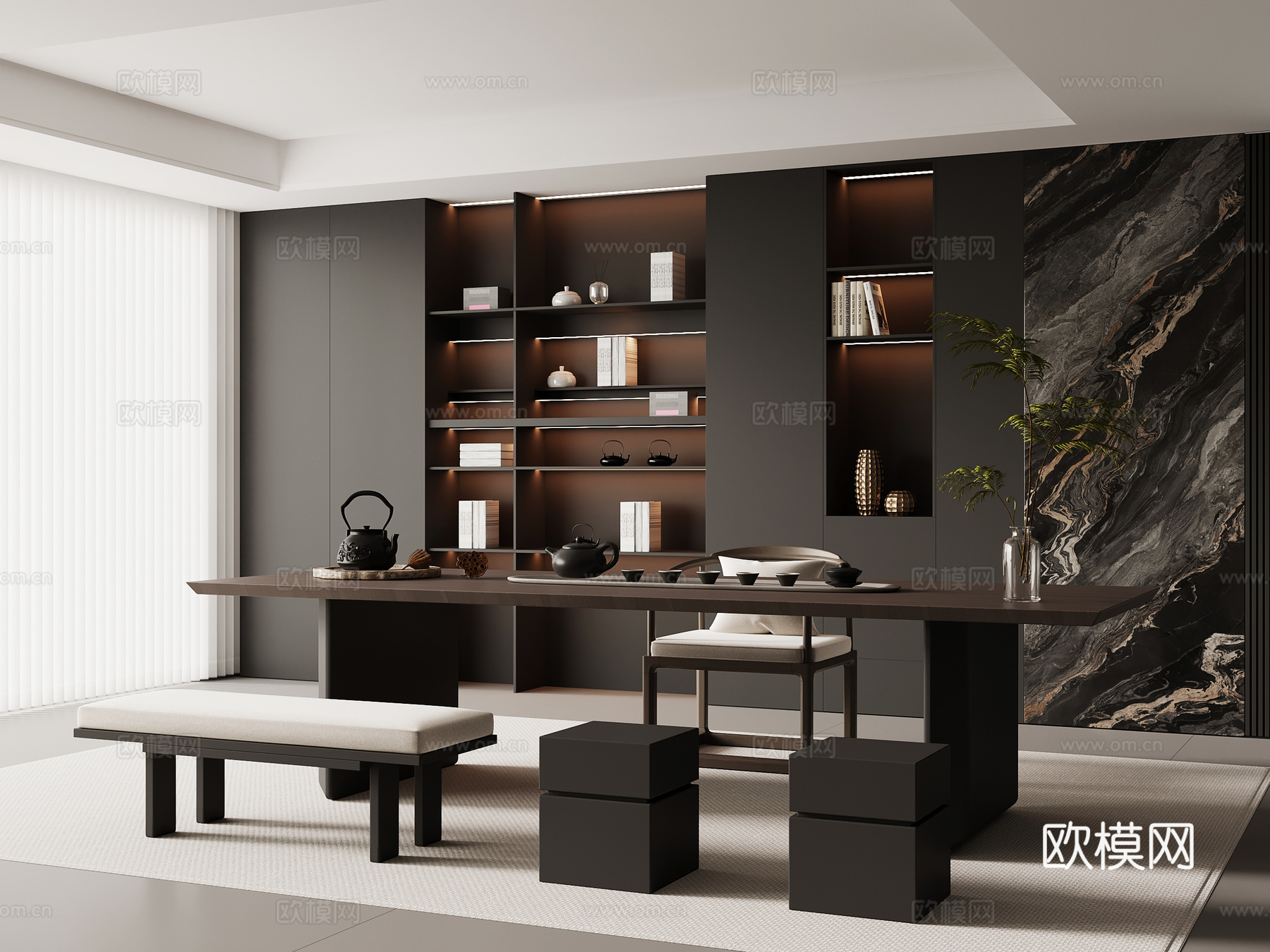 现代意式茶室 茶桌椅 茶柜su模型