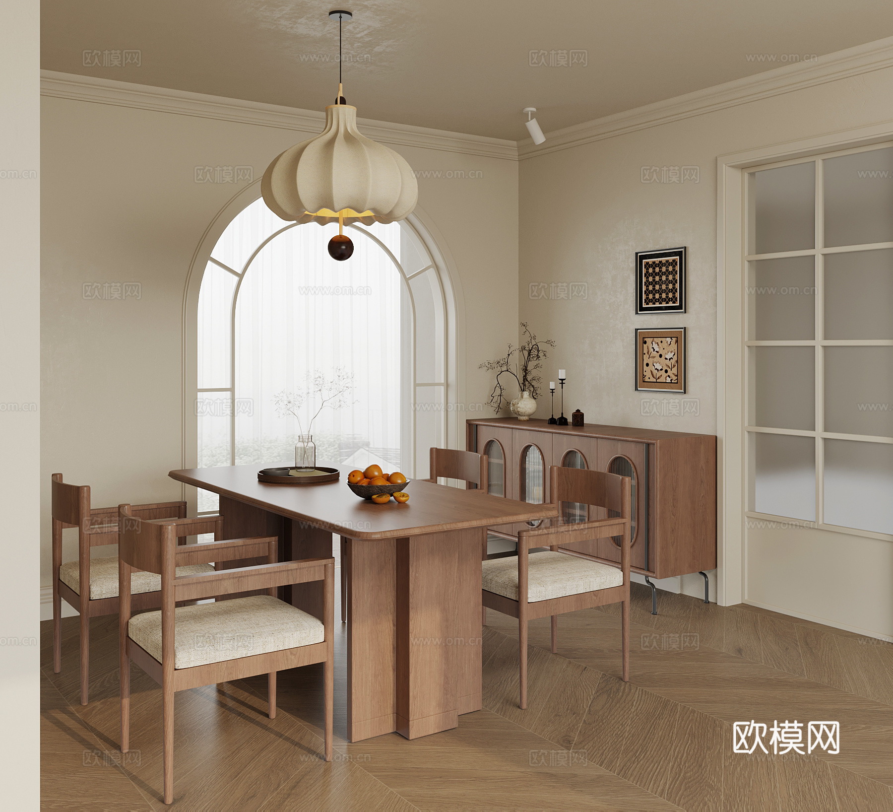 现代中古风餐厅 餐桌椅 餐边柜su模型